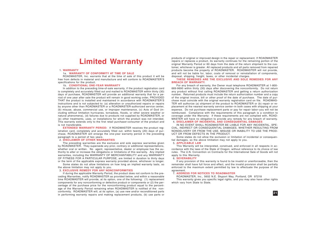 Limited warranty | Roadmaster Sterling All Terrain User Manual | Page 23 / 24