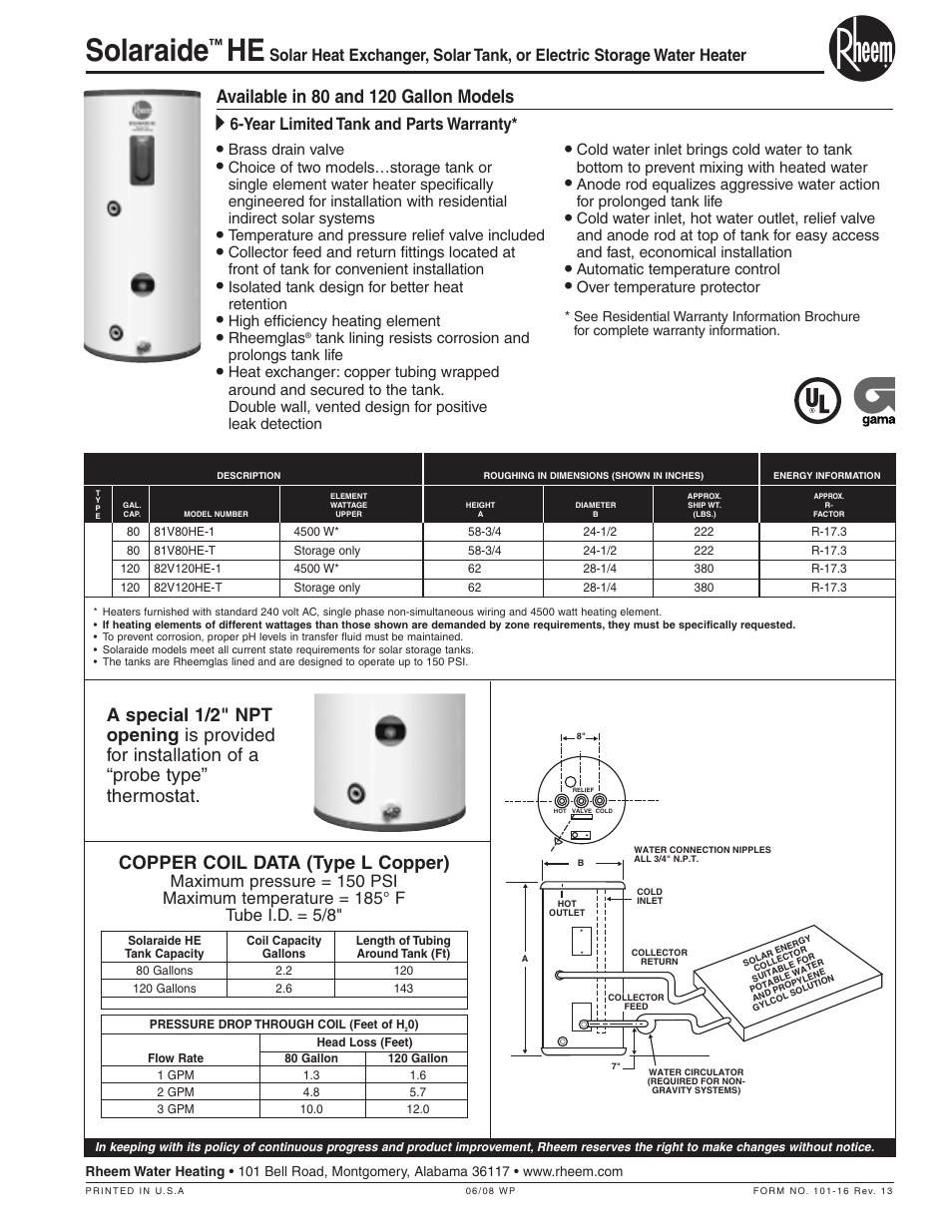 Rheem 81V80HE-T User Manual | 1 page