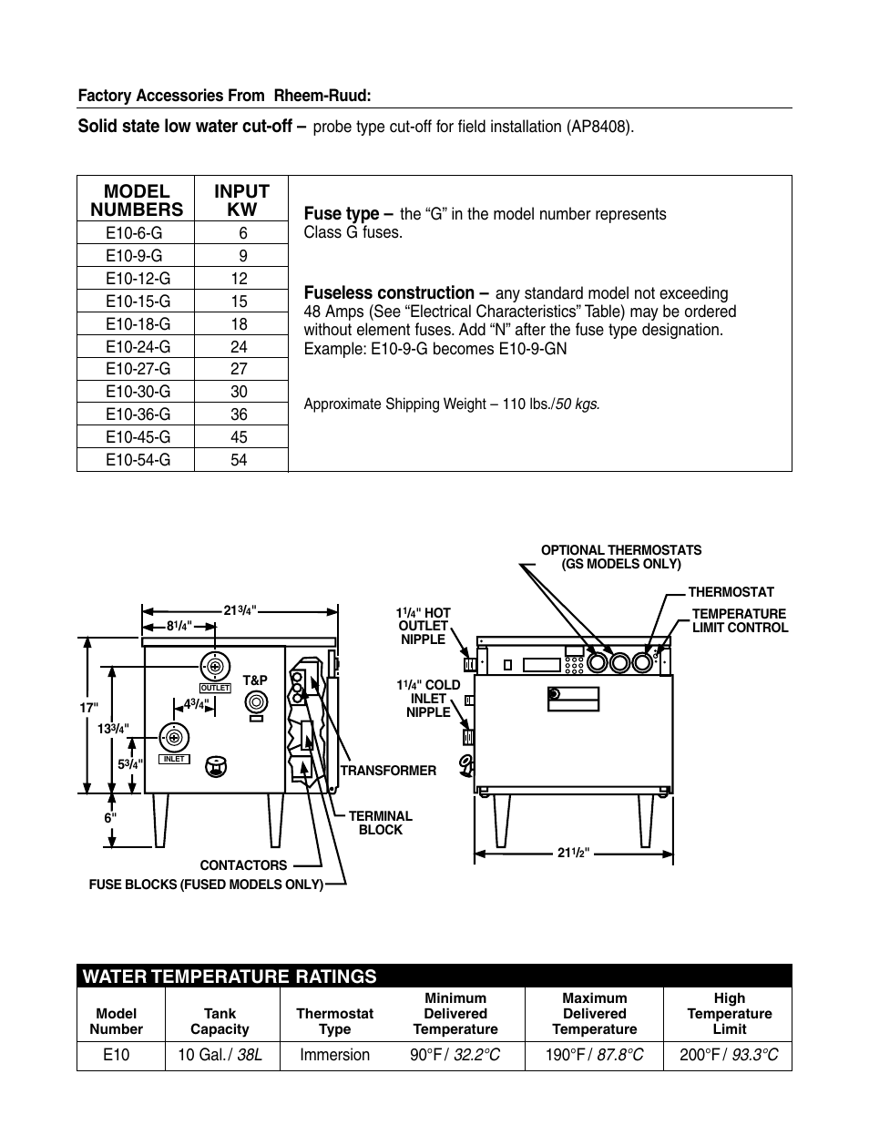 Model input numbers kw, Fuse type, Fuseless construction | Water temperature ratings, Solid state low water cut-off | Rheem 54KW User Manual | Page 3 / 4