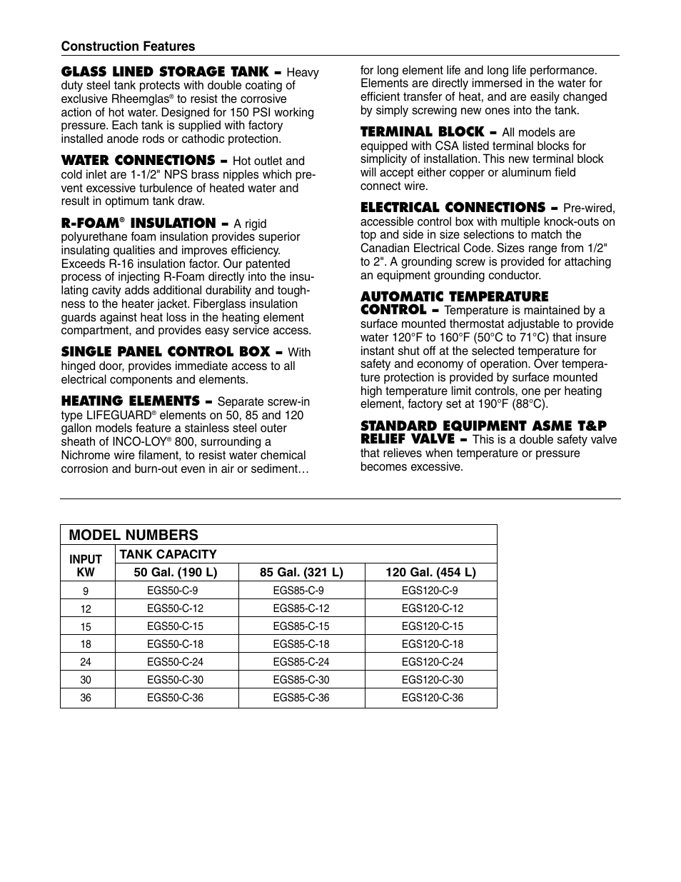 Model numbers | Rheem 9 Kw Thru 36 Kw User Manual | Page 2 / 4