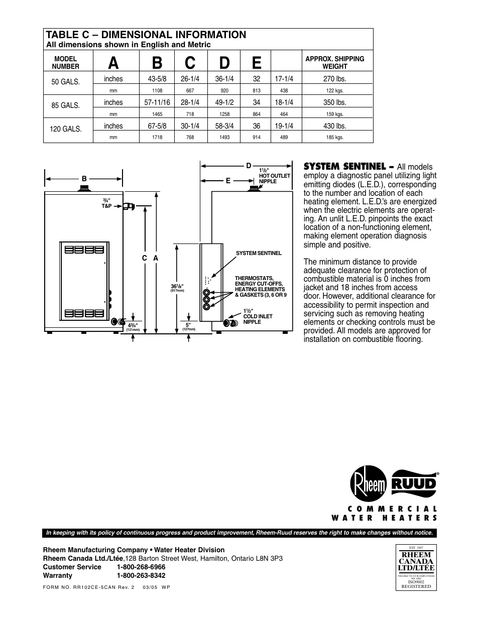 Ab c d e, Table c – dimensional information, System sentinel | Rheem 9 Kw Thru 36 Kw User Manual | Page 4 / 4