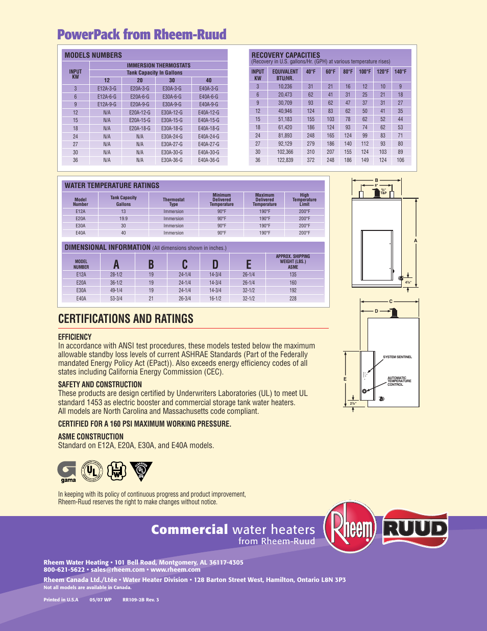 Powerpack from rheem-ruud, Commercial water heaters, Ab c d e | Certifications and ratings, Models numbers, Water temperature ratings dimensional information, Recovery capacities | Rheem ASME 12 User Manual | Page 2 / 2