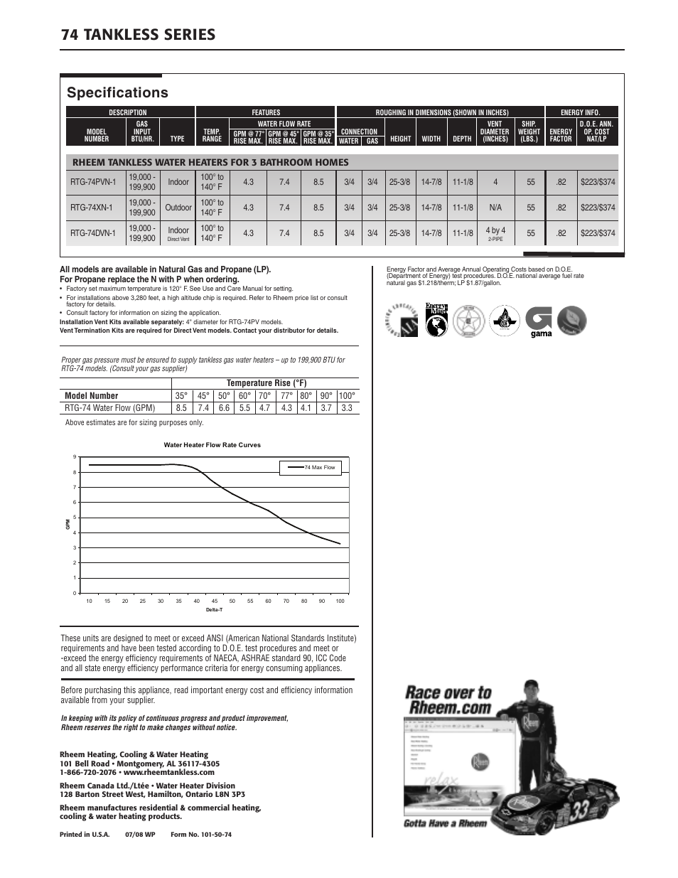 74 tankless series, Specifications | Rheem 199 User Manual | Page 2 / 2
