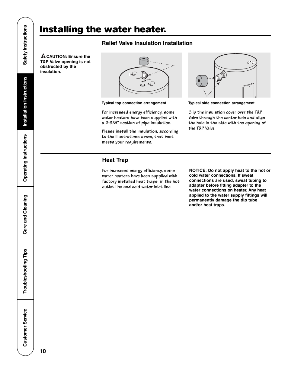 Installing the water heater, Relief valve insulation installation, Heat trap | Rheem GE Series User Manual | Page 10 / 20