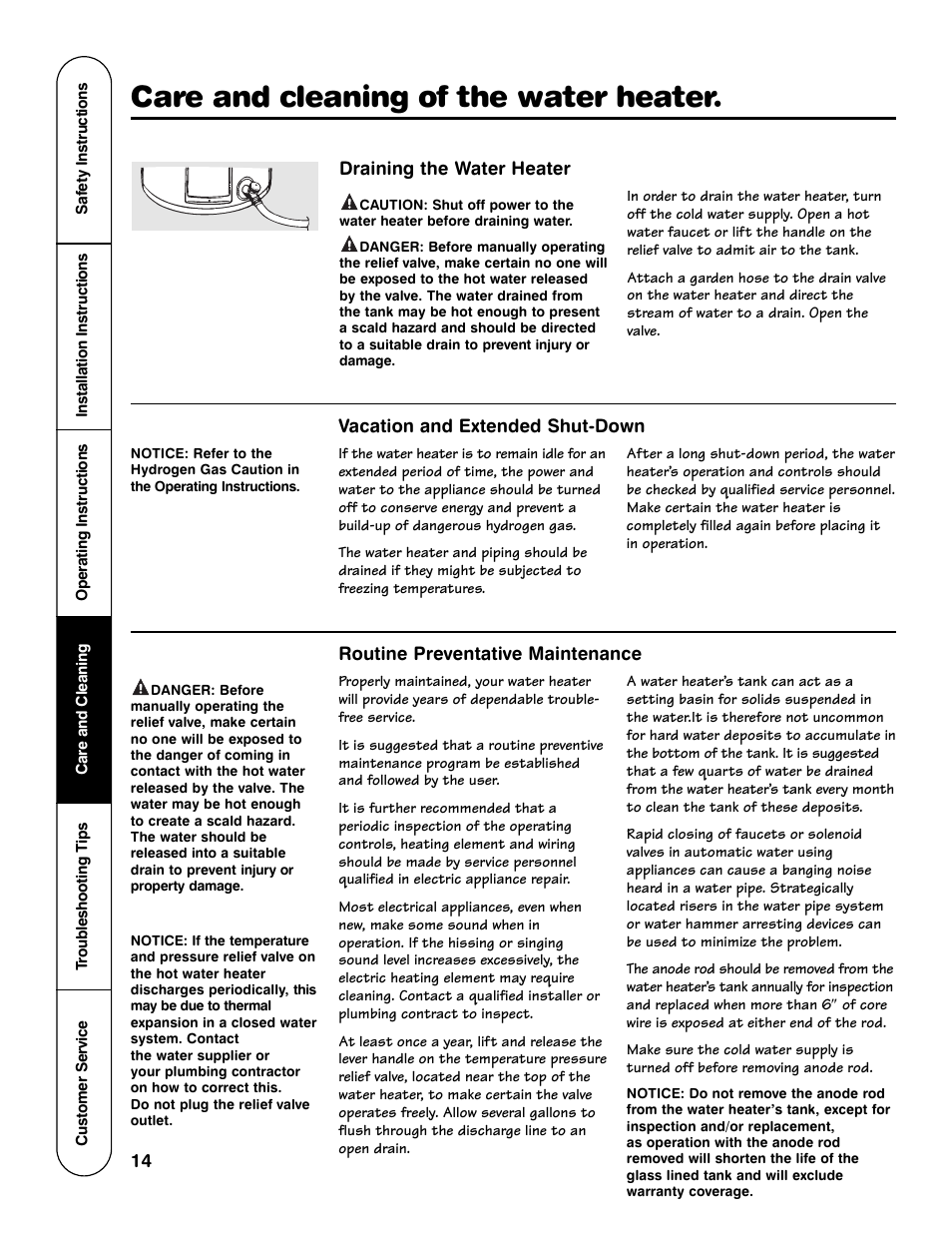 Care and cleaning of the water heater | Rheem GE Series User Manual | Page 14 / 20