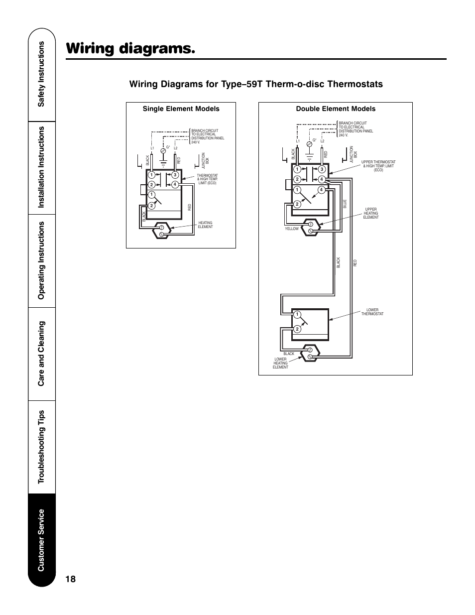 Wiring diagrams, Single element models double element models | Rheem GE Series User Manual | Page 18 / 20