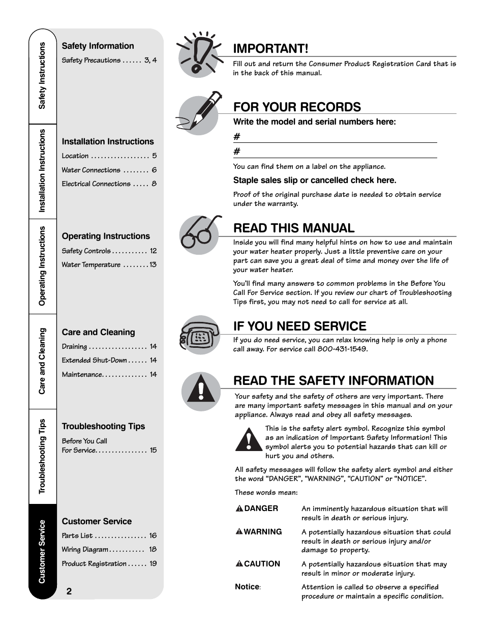 Read this manual for your records, Important, If you need service read the safety information | Rheem GE Series User Manual | Page 2 / 20