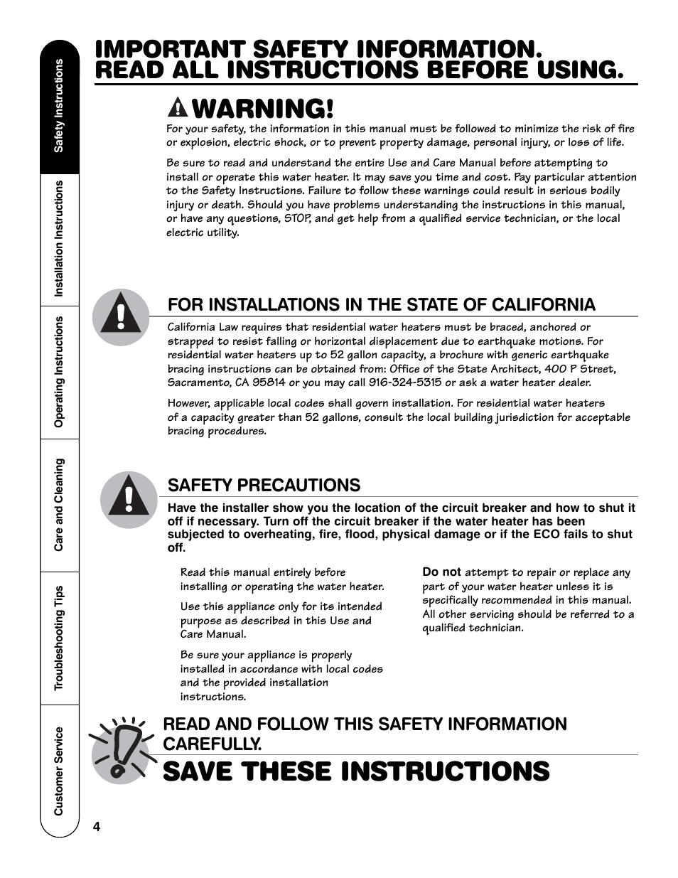 Warning, Save these instructions, For installations in the state of california | Read and follow this safety information carefully, Safety precautions | Rheem GE Series User Manual | Page 4 / 20