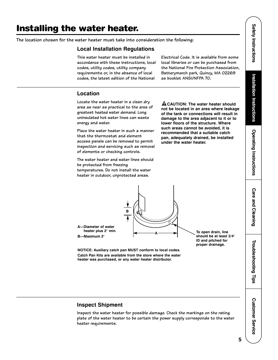 Installing the water heater | Rheem GE Series User Manual | Page 5 / 20
