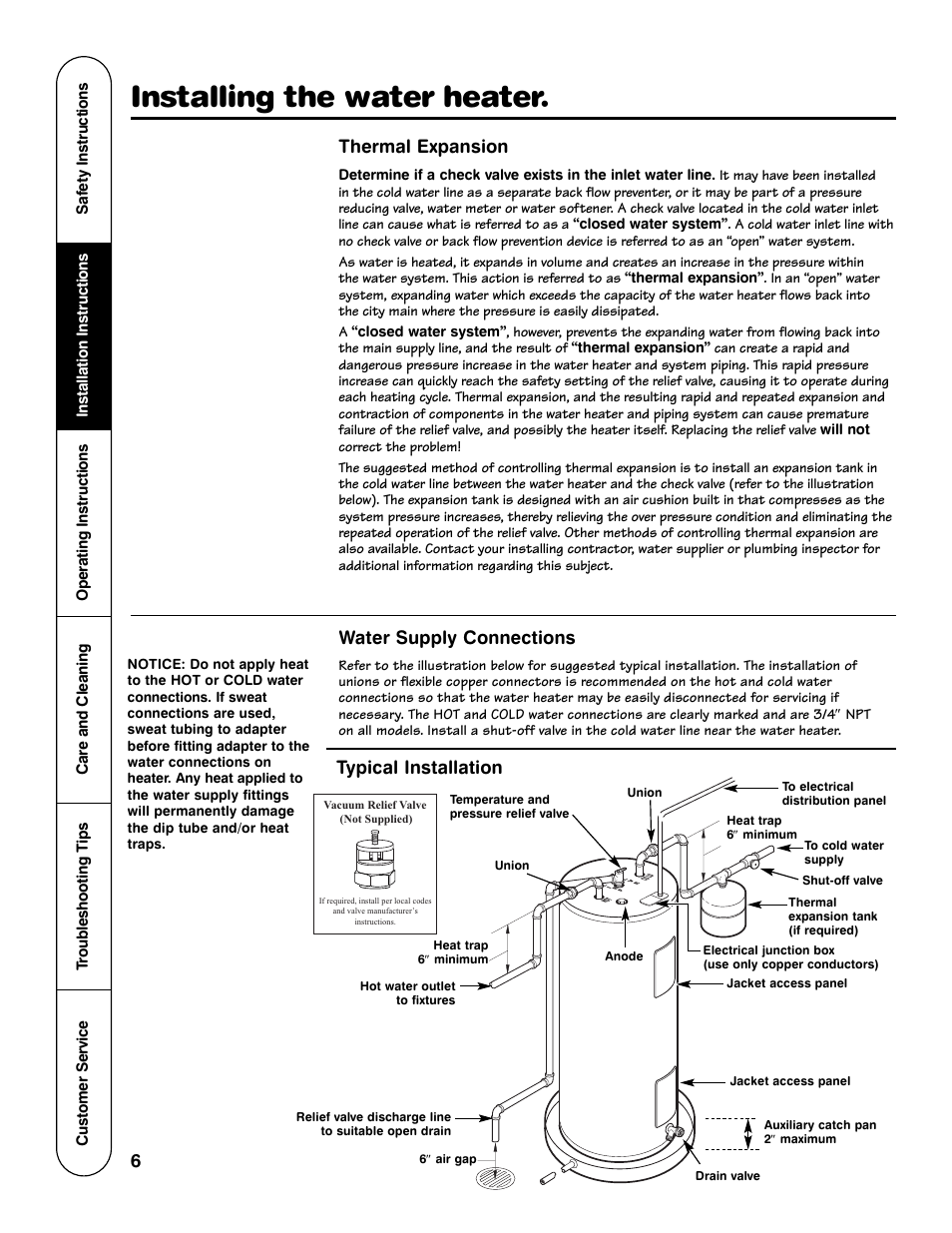 Installing the water heater, 6thermal expansion typical installation, Water supply connections | Rheem GE Series User Manual | Page 6 / 20