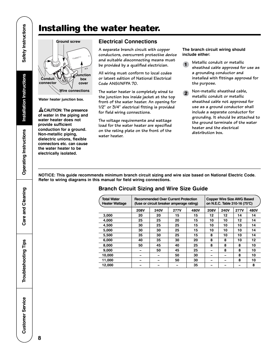 Installing the water heater, Branch circuit sizing and wire size guide, Electrical connections | Rheem GE Series User Manual | Page 8 / 20