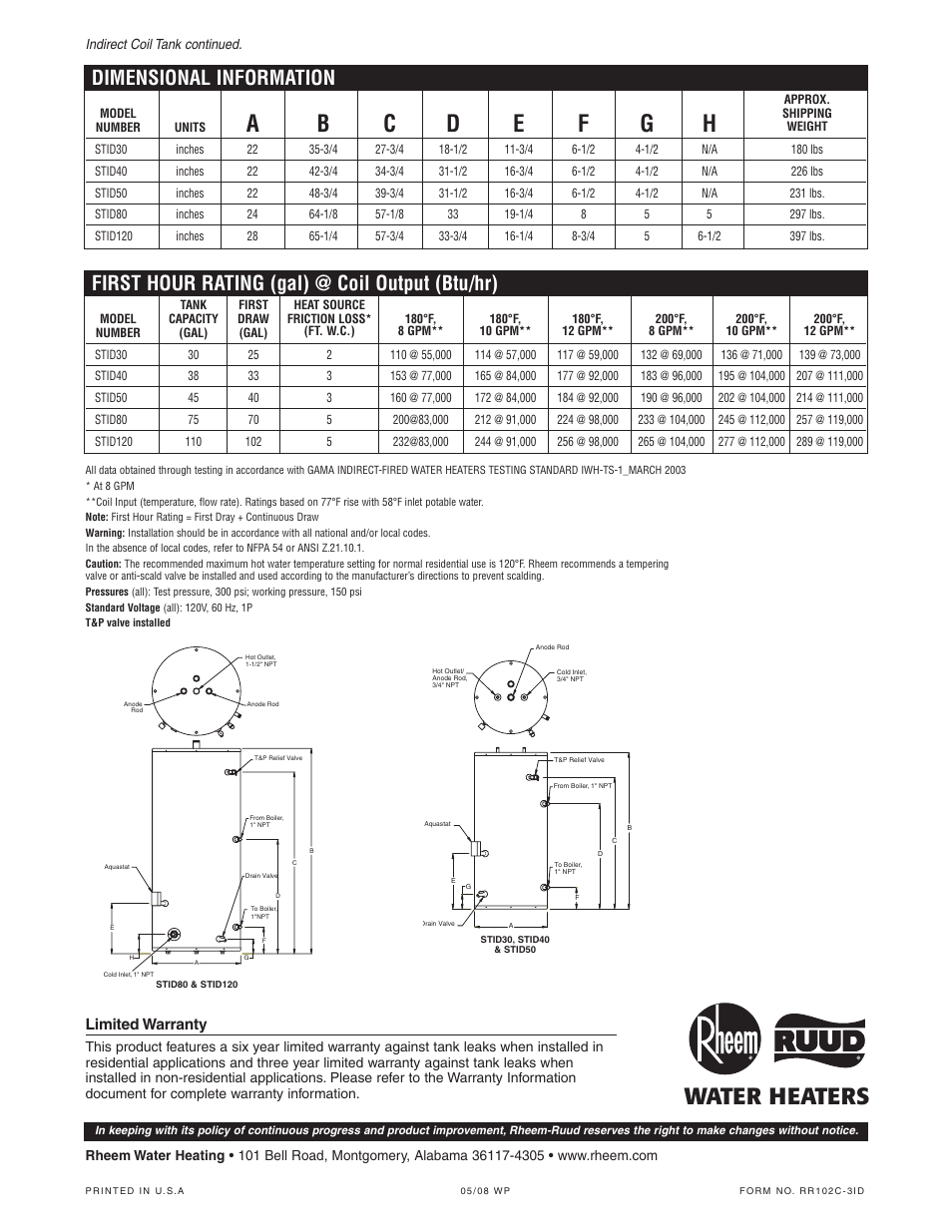 Water heaters, Dimensional information, First hour rating (gal) @ coil output (btu/hr) | Limited warranty | Rheem 110 User Manual | Page 2 / 2