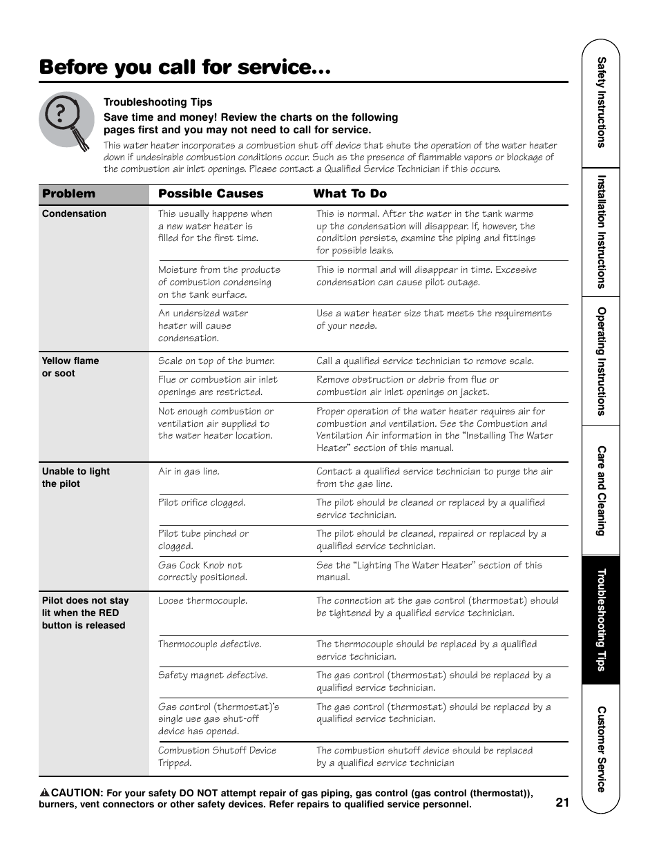 Before you call for service | Rheem HG Series User Manual | Page 21 / 28