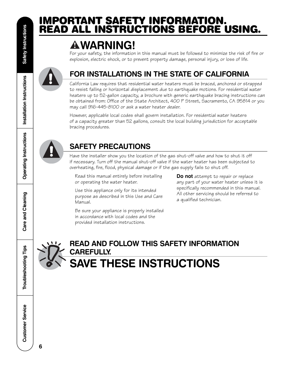 Warning, Save these instructions, Safety precautions | For installations in the state of california, Read and follow this safety information carefully | Rheem HG Series User Manual | Page 6 / 28