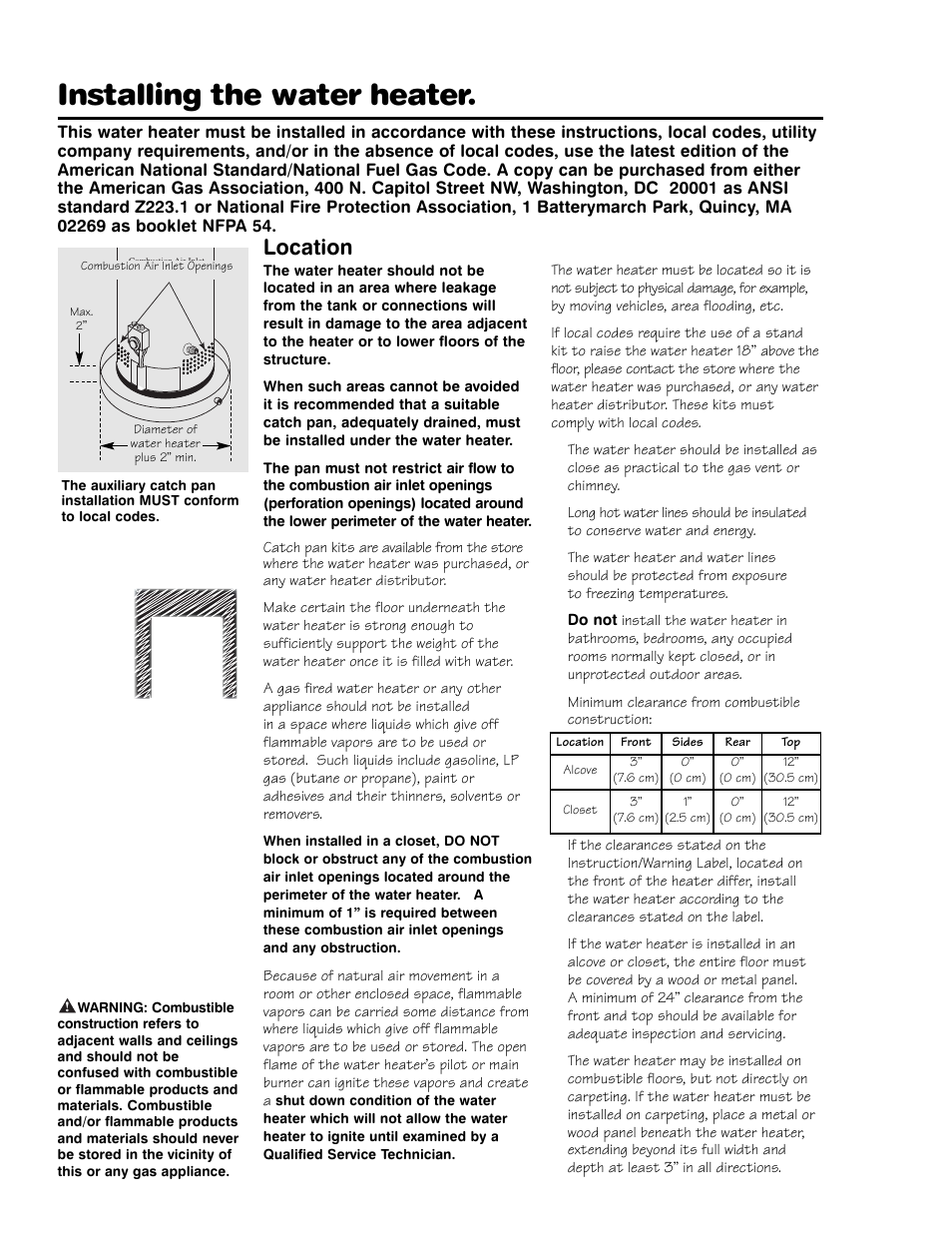 Installing the water heater, Location | Rheem HG Series User Manual | Page 7 / 28