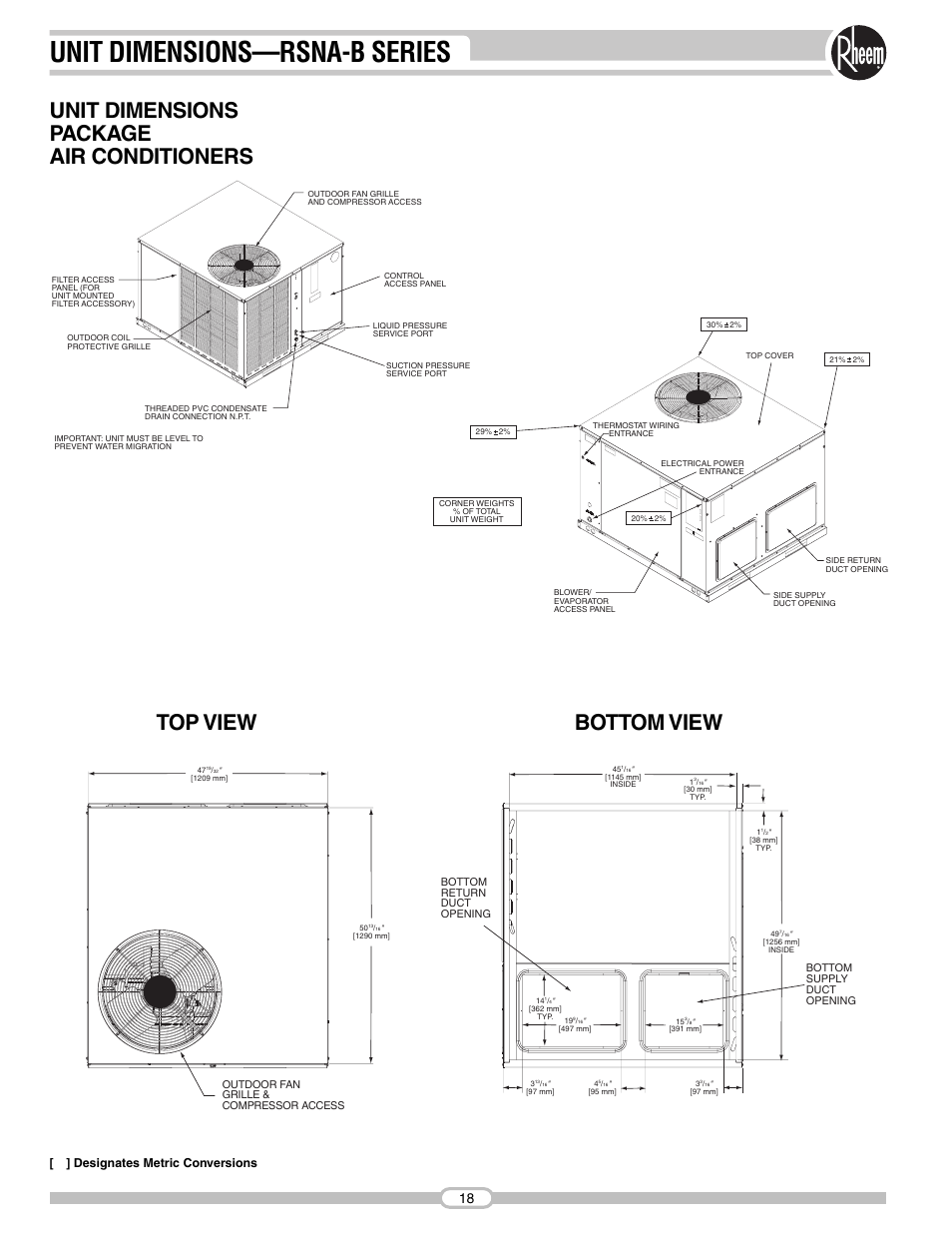 Unit dimensions—rsna-b series, Unit dimensions package air conditioners, Top view bottom view | Designates metric conversions | Rheem RSNA-B Series User Manual | Page 18 / 40