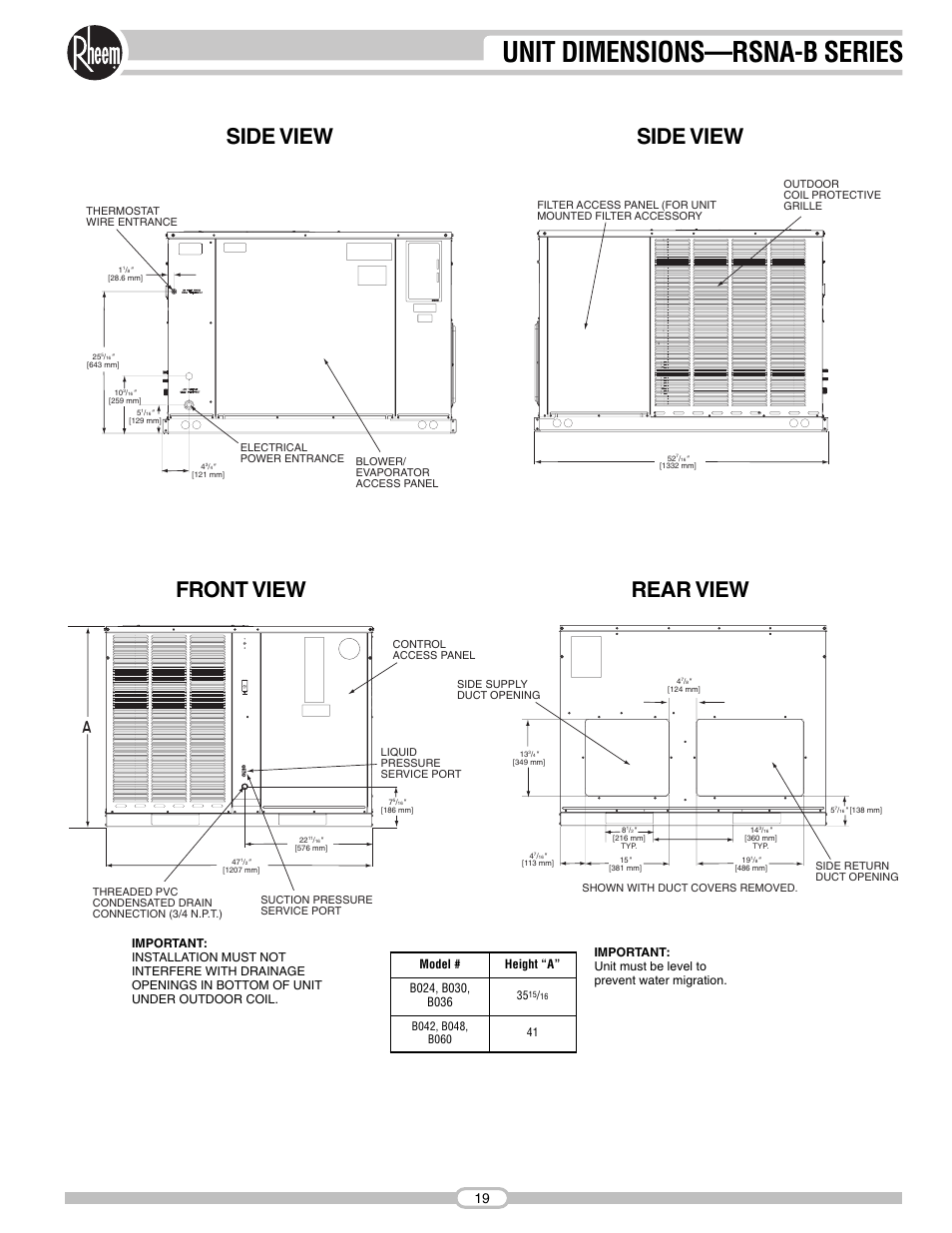 Unit dimensions—rsna-b series, Side view, Side view front view rear view | Rheem RSNA-B Series User Manual | Page 19 / 40