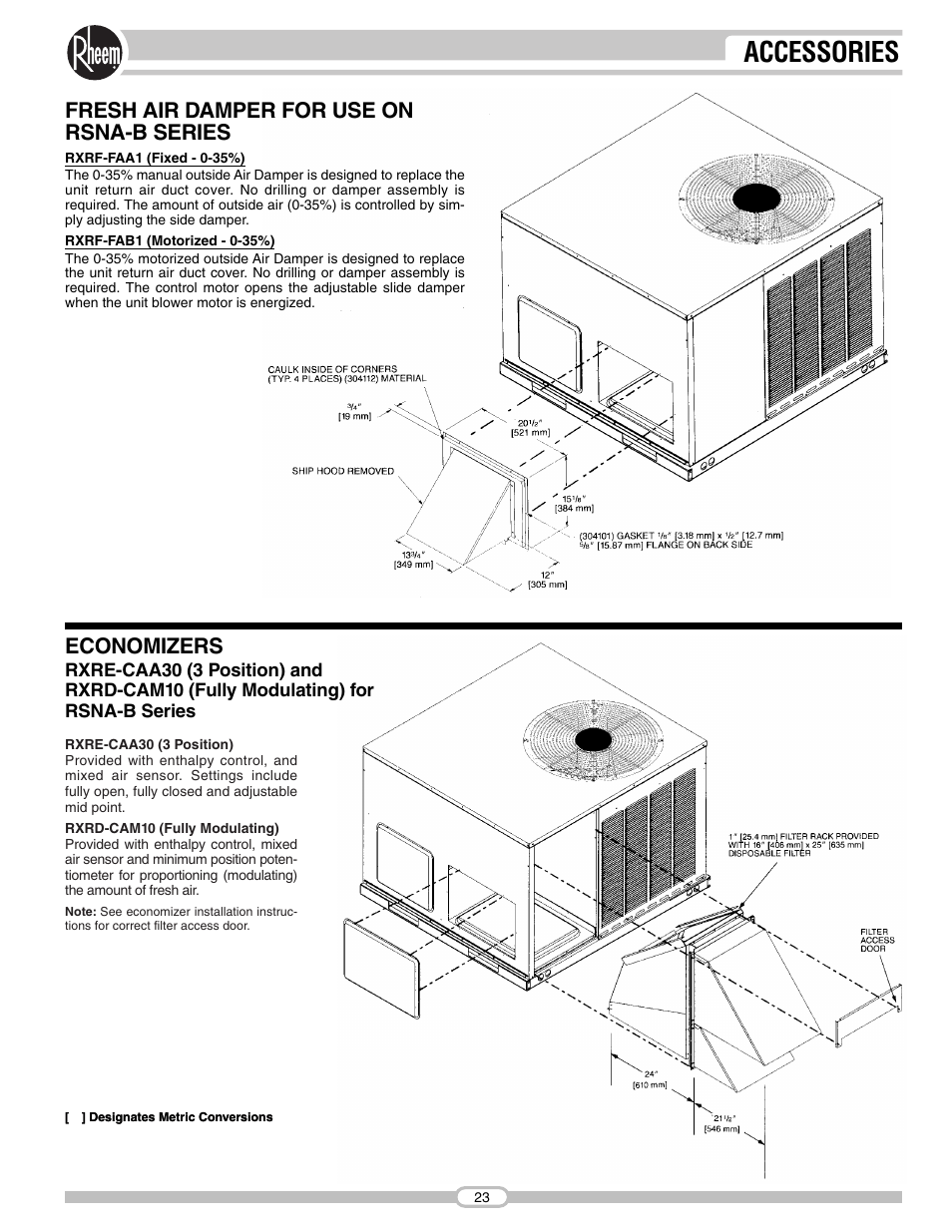 Accessories, Economizers, Fresh air damper for use on rsna-b series | Rheem RSNA-B Series User Manual | Page 23 / 40