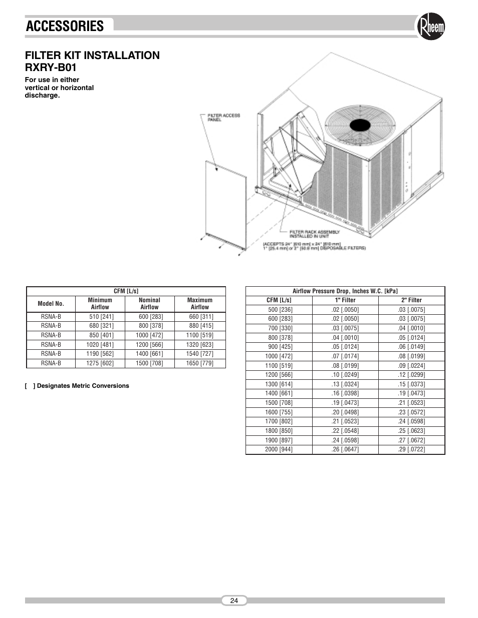 Accessories, Filter kit installation rxry-b01 | Rheem RSNA-B Series User Manual | Page 24 / 40