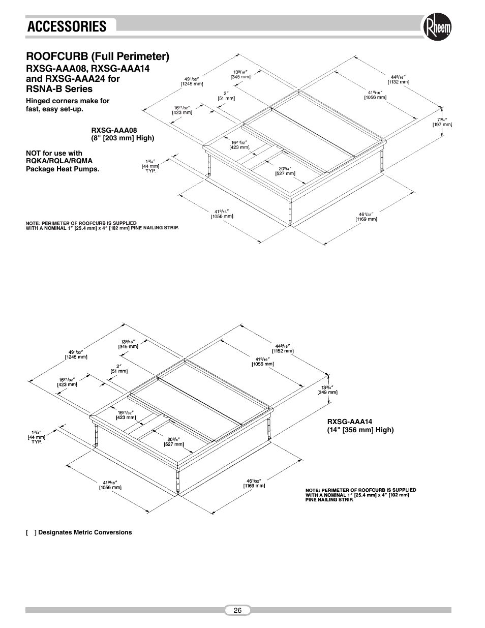 Accessories, Roofcurb (full perimeter) | Rheem RSNA-B Series User Manual | Page 26 / 40