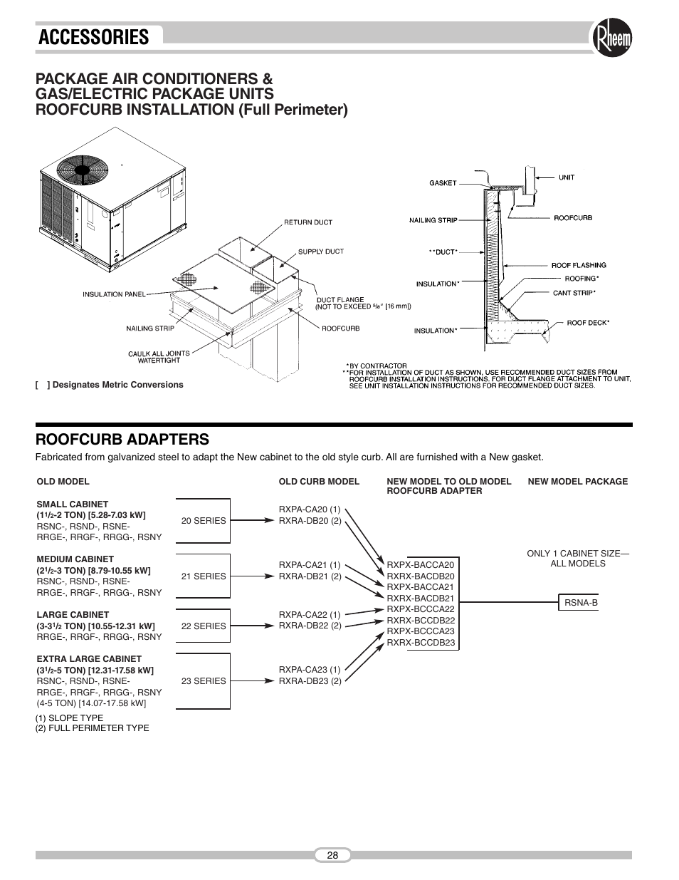 Accessories, Roofcurb adapters | Rheem RSNA-B Series User Manual | Page 28 / 40