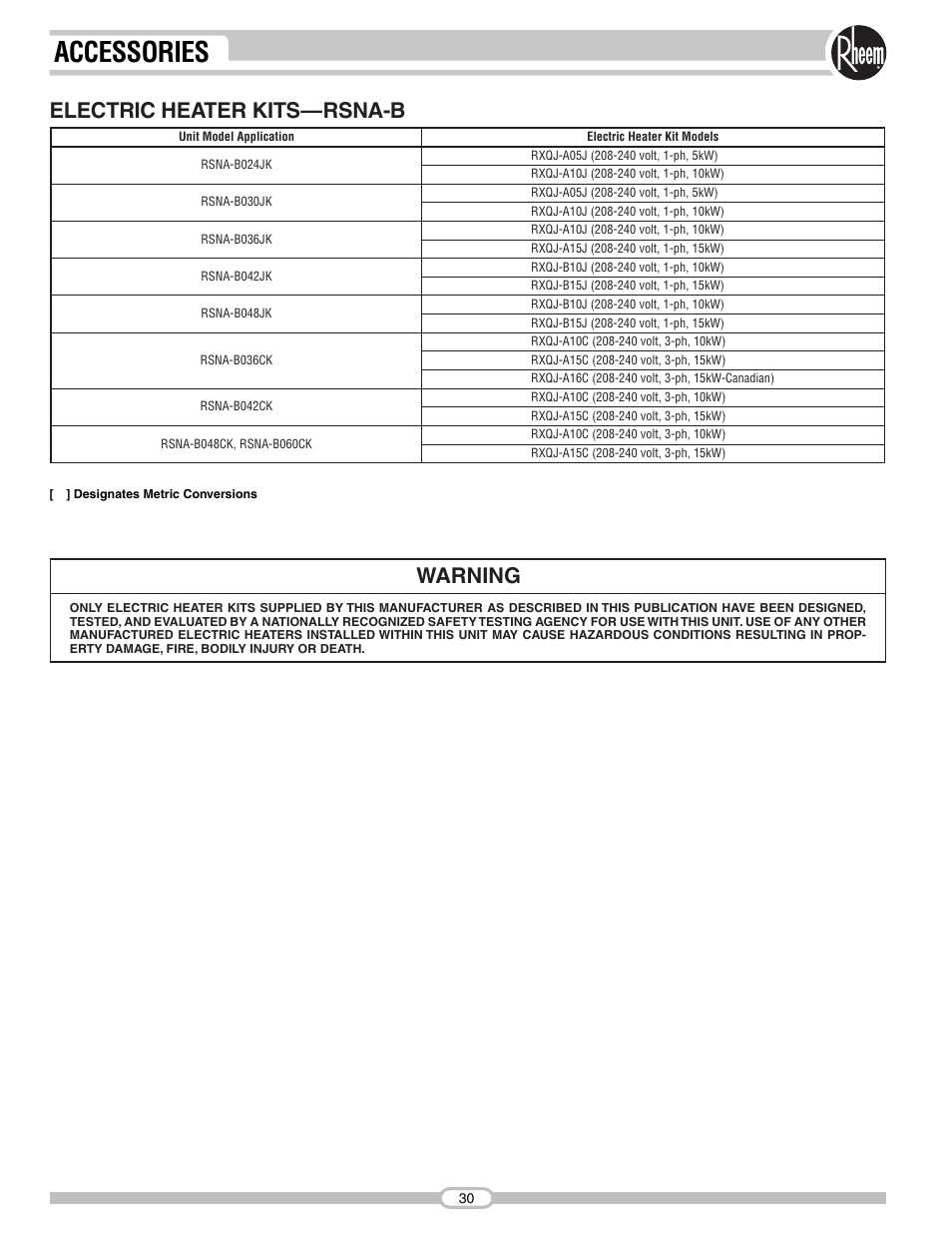 Accessories, Warning, Electric heater kits—rsna-b | Rheem RSNA-B Series User Manual | Page 30 / 40