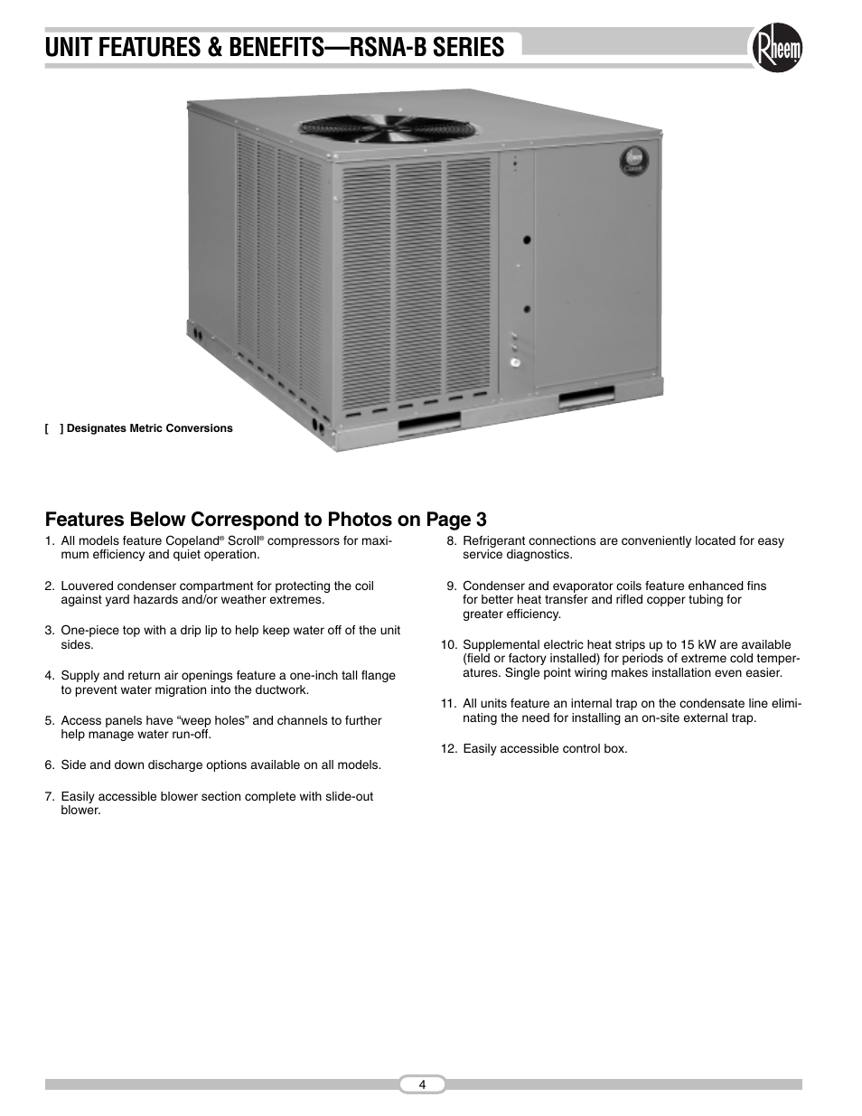 Unit features & benefits—rsna-b series, Features below correspond to photos on page 3 | Rheem RSNA-B Series User Manual | Page 4 / 40