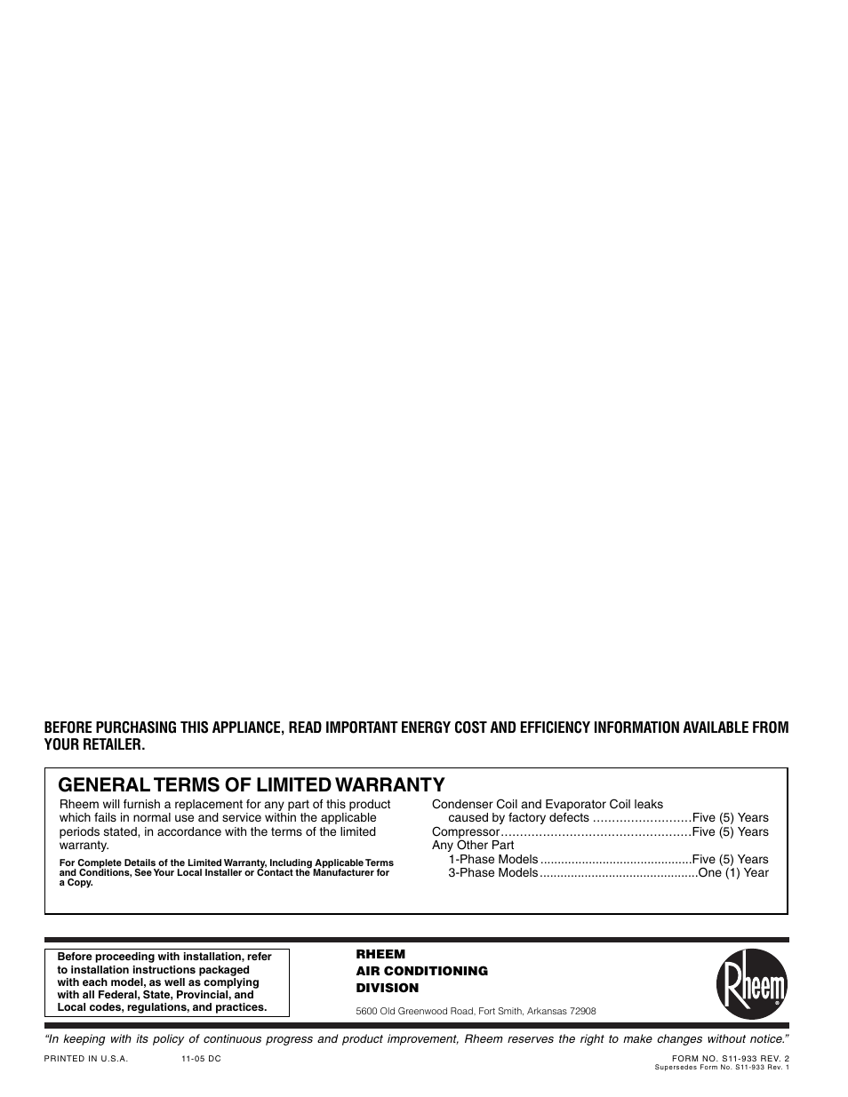 General terms of limited warranty | Rheem RSNA-B Series User Manual | Page 40 / 40