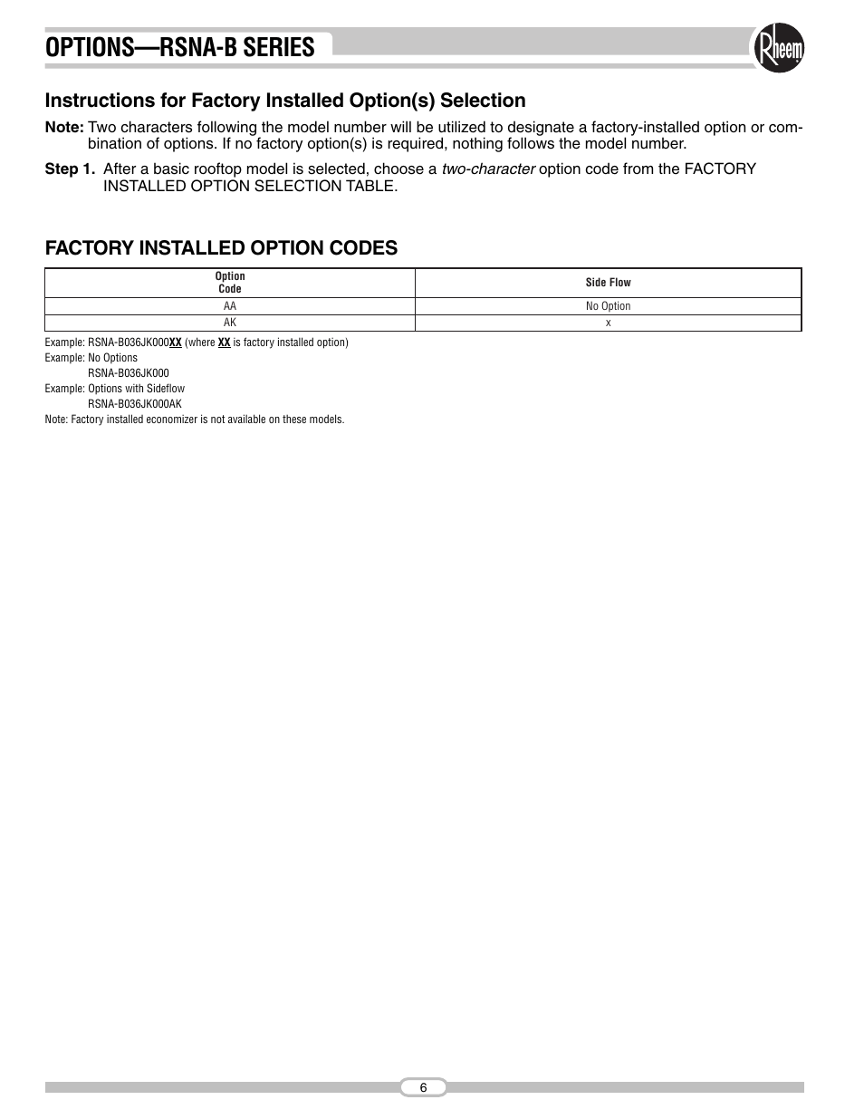 Options—rsna-b series, Factory installed option codes | Rheem RSNA-B Series User Manual | Page 6 / 40