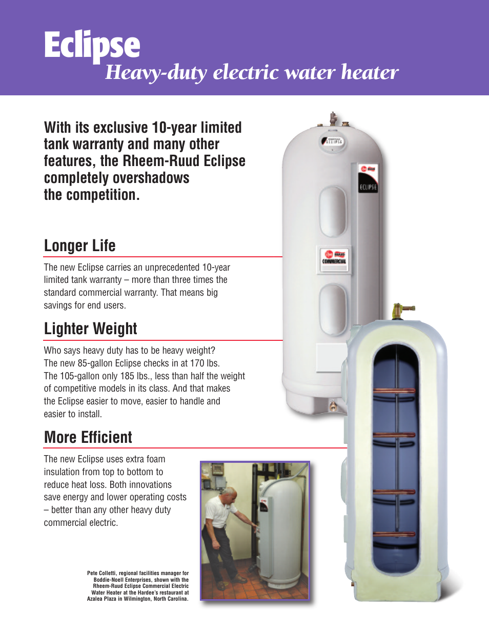 Eclipse, Heavy-duty electric water heater, Longer life | Lighter weight, More efficient | Rheem EclipseTM 70F User Manual | Page 2 / 4