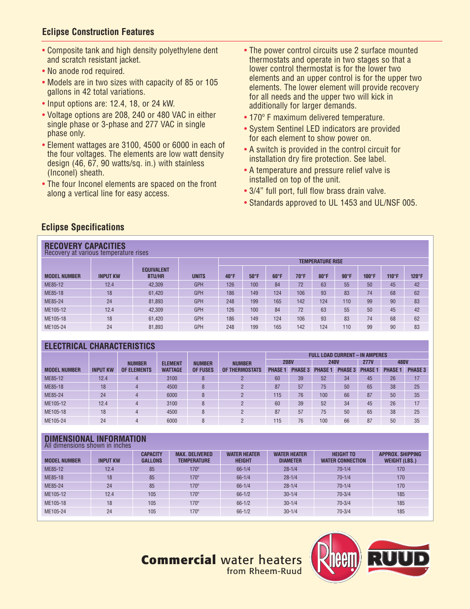 Commercial water heaters, Eclipse construction features, Eclipse specifications | Recovery capacities, Dimensional information, Electrical characteristics | Rheem EclipseTM 70F User Manual | Page 3 / 4