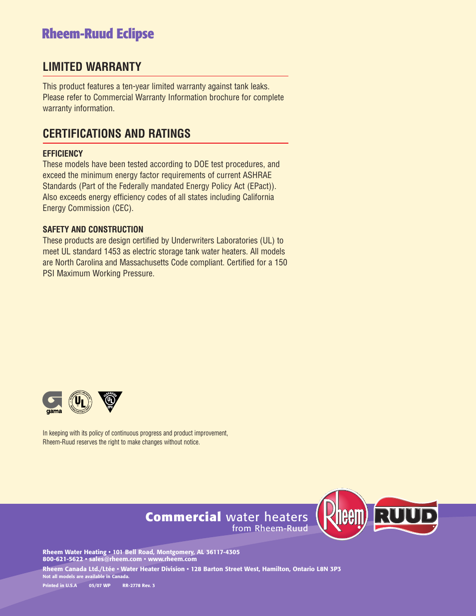 Rheem-ruud eclipse, Commercial water heaters, Limited warranty | Certifications and ratings | Rheem EclipseTM 70F User Manual | Page 4 / 4