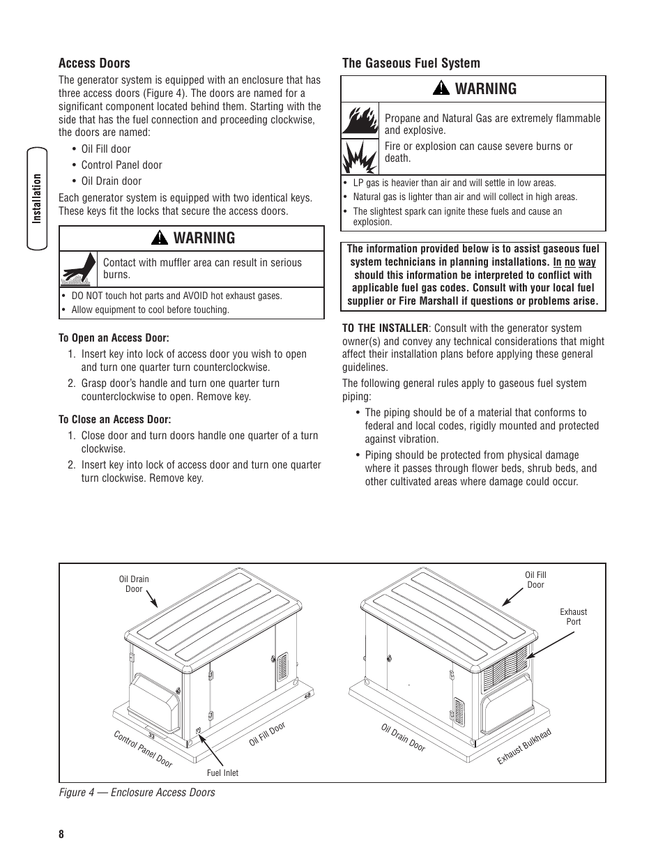 Access doors, The gaseous fuel system, Puertas de acceso | Sistema de combustible gaseoso, Portes d'accès, Le système de combustible ga, Access doors the gaseous fuel system, Warning | Rheem RESIDENTIAL GENERATOR SYSTEM GEN12S User Manual | Page 10 / 23
