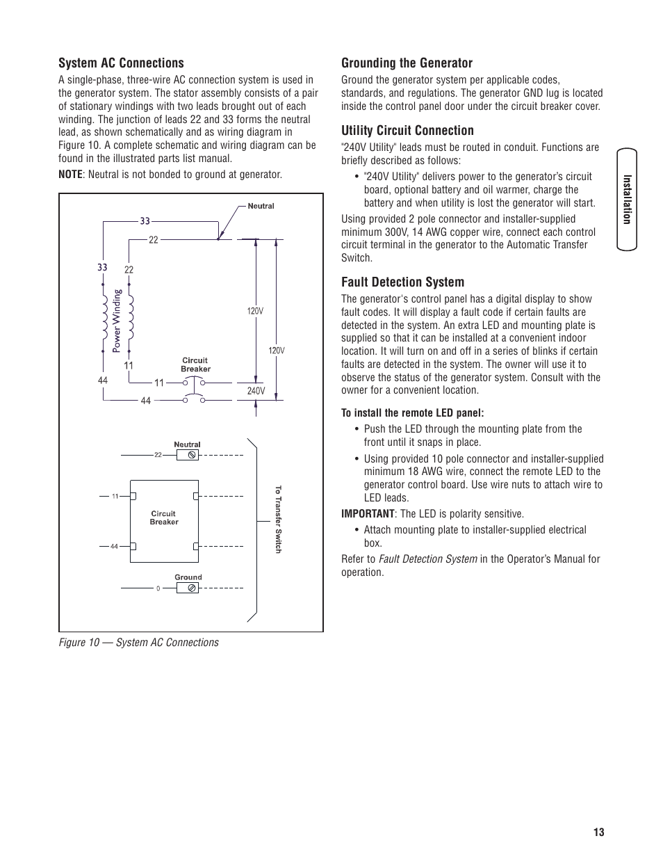 System ac connections, Grounding the generator, Utility circuit connection | Fault detection system, Conexión a tierra del generador, Interconexiones del circuito, Sistema de detección de fallas, Mise à la masse de la généra, Interconnexions du circuit d, Système de détection des pannes | Rheem RESIDENTIAL GENERATOR SYSTEM GEN12S User Manual | Page 15 / 23