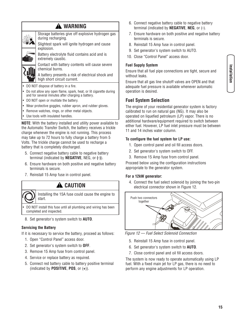 Fuel system selection, Selección del sistema de com, Sélection du système de comb | Caution, Warning | Rheem RESIDENTIAL GENERATOR SYSTEM GEN12S User Manual | Page 17 / 23