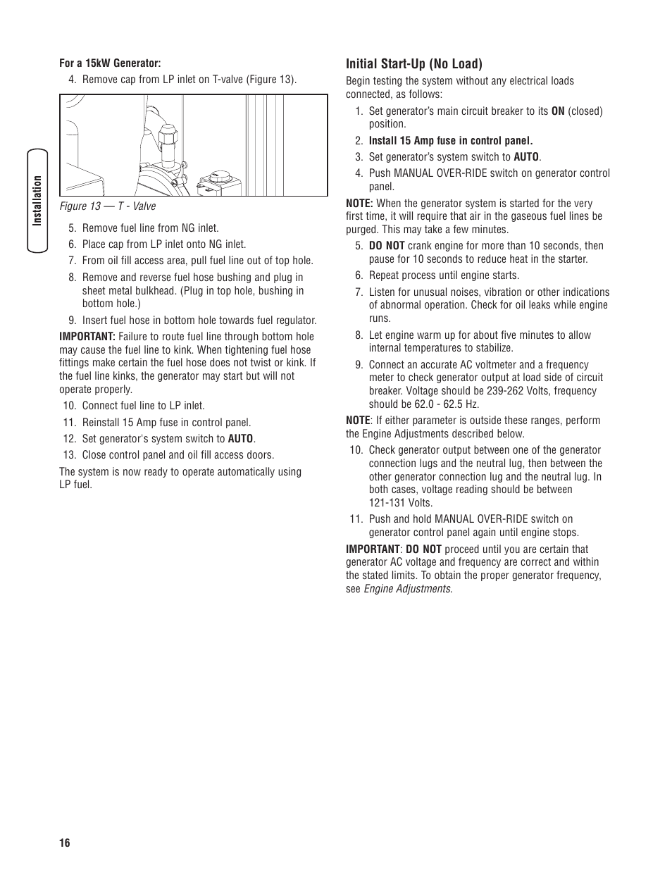Initial start-up (no load), Arranque inicial (sin carga), Demarrage initial (sans charge) | Rheem RESIDENTIAL GENERATOR SYSTEM GEN12S User Manual | Page 18 / 23
