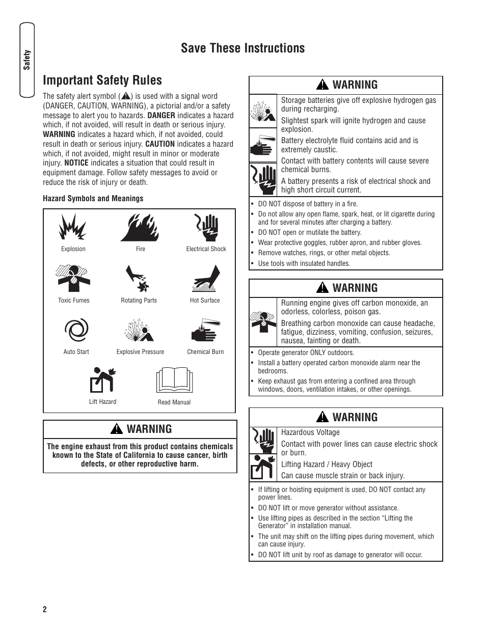 Important safety rules, Instrucciones importantes de, Directives de sécurité impor | Save these instructions, Warning | Rheem RESIDENTIAL GENERATOR SYSTEM GEN12S User Manual | Page 4 / 23