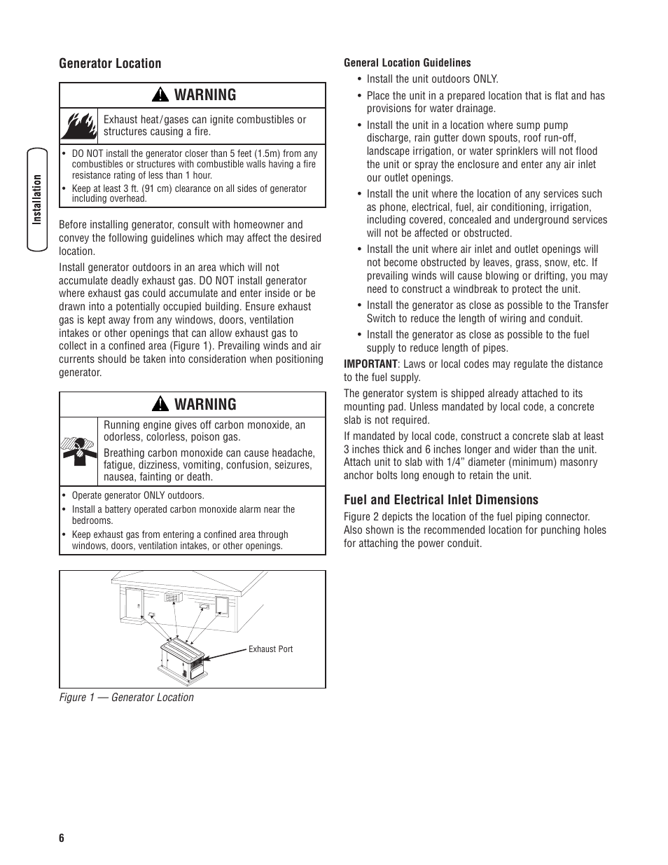 Generator location, Fuel and electrical inlet di, Ubicación del sistema de gen | Dimensiones de la entrada pa, Emplacement du génératrice d, Dimensions pour l'admission, Warning | Rheem RESIDENTIAL GENERATOR SYSTEM GEN12S User Manual | Page 8 / 23