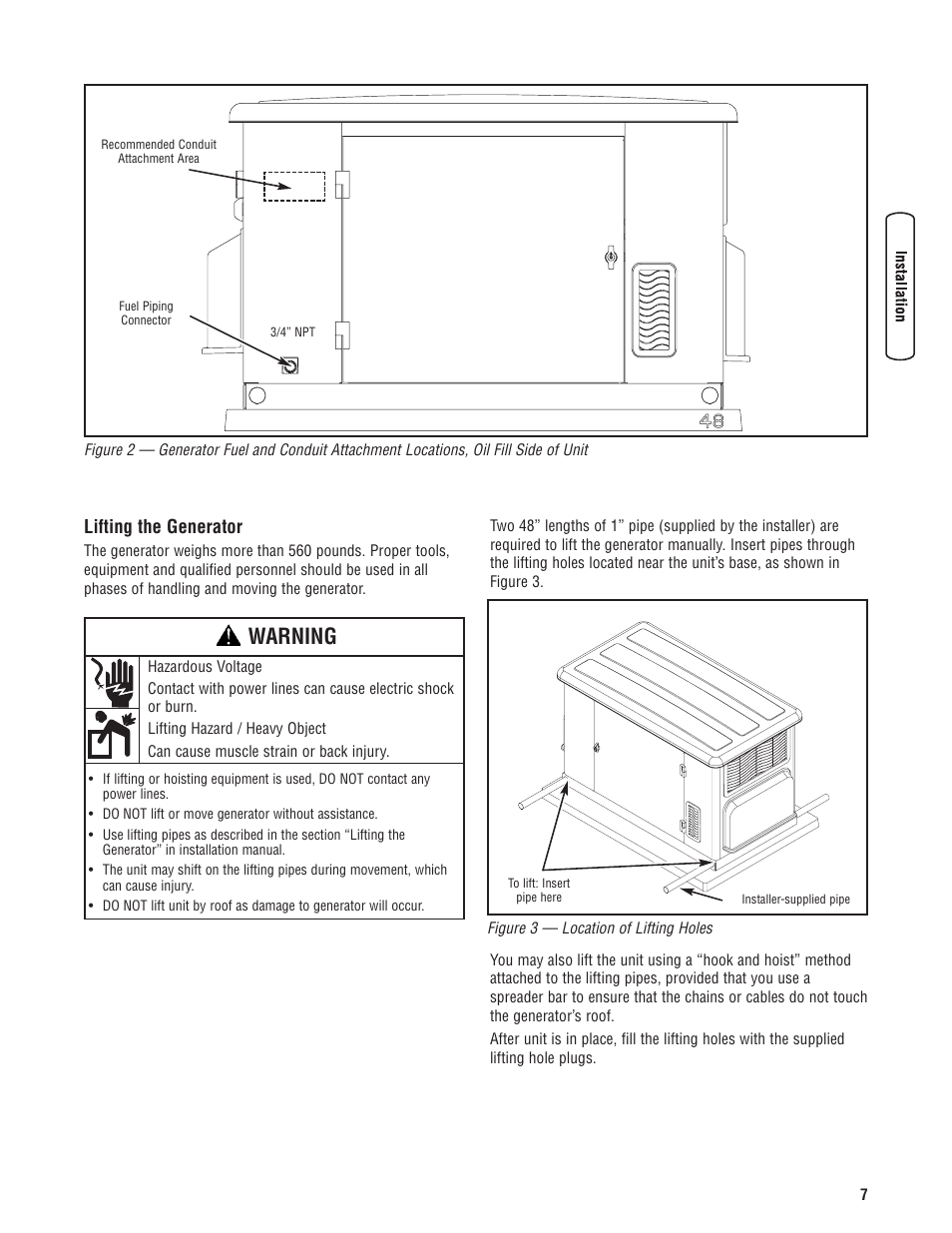 Lifting the generator, Elevación del generador, Soulèvement de la génératrice | Warning | Rheem RESIDENTIAL GENERATOR SYSTEM GEN12S User Manual | Page 9 / 23