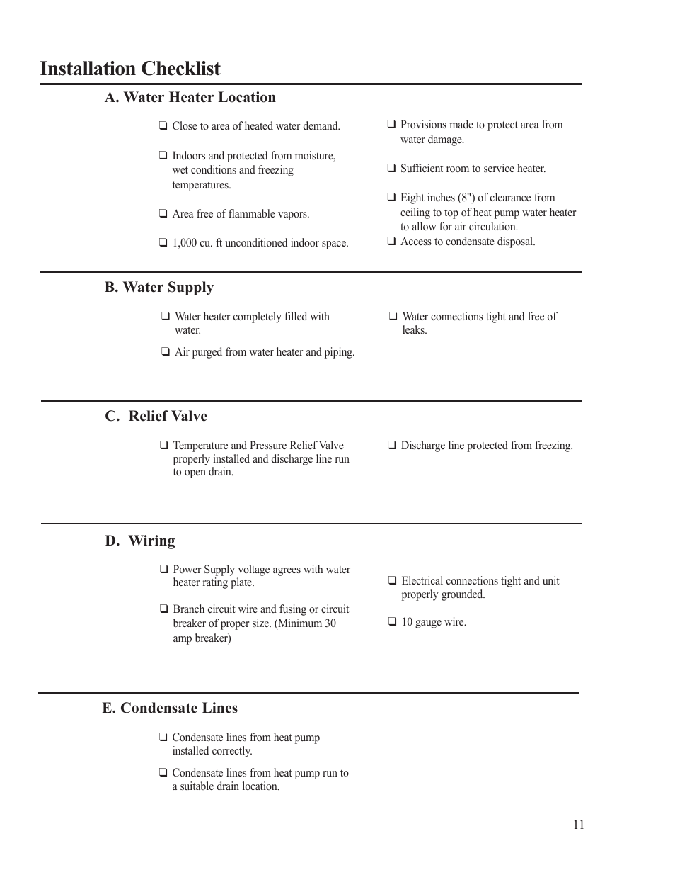 Installation checklist | Rheem AP15121-1 User Manual | Page 11 / 20