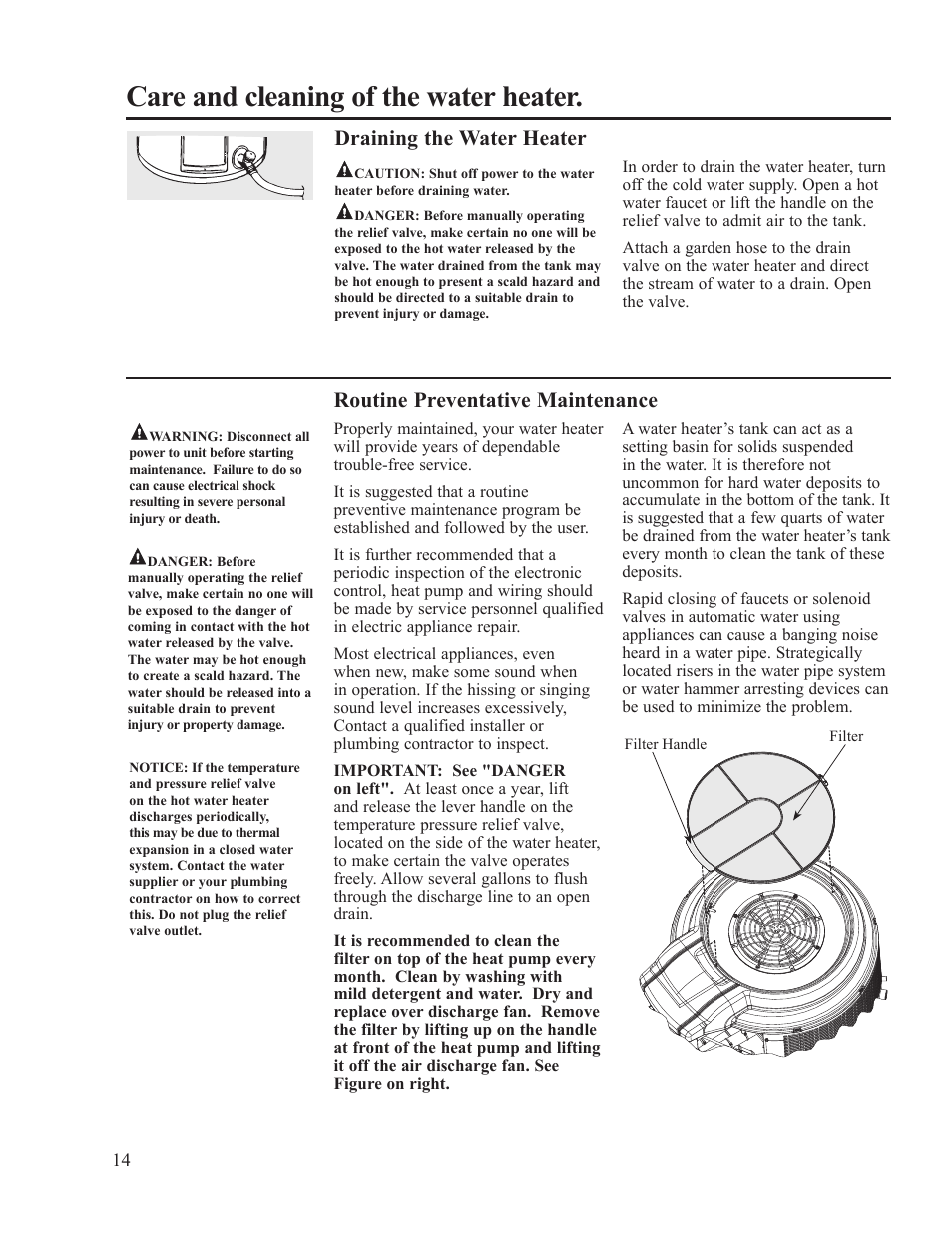 Care and cleaning of the water heater, Draining the water heater, Routine preventative maintenance | Rheem AP15121-1 User Manual | Page 14 / 20