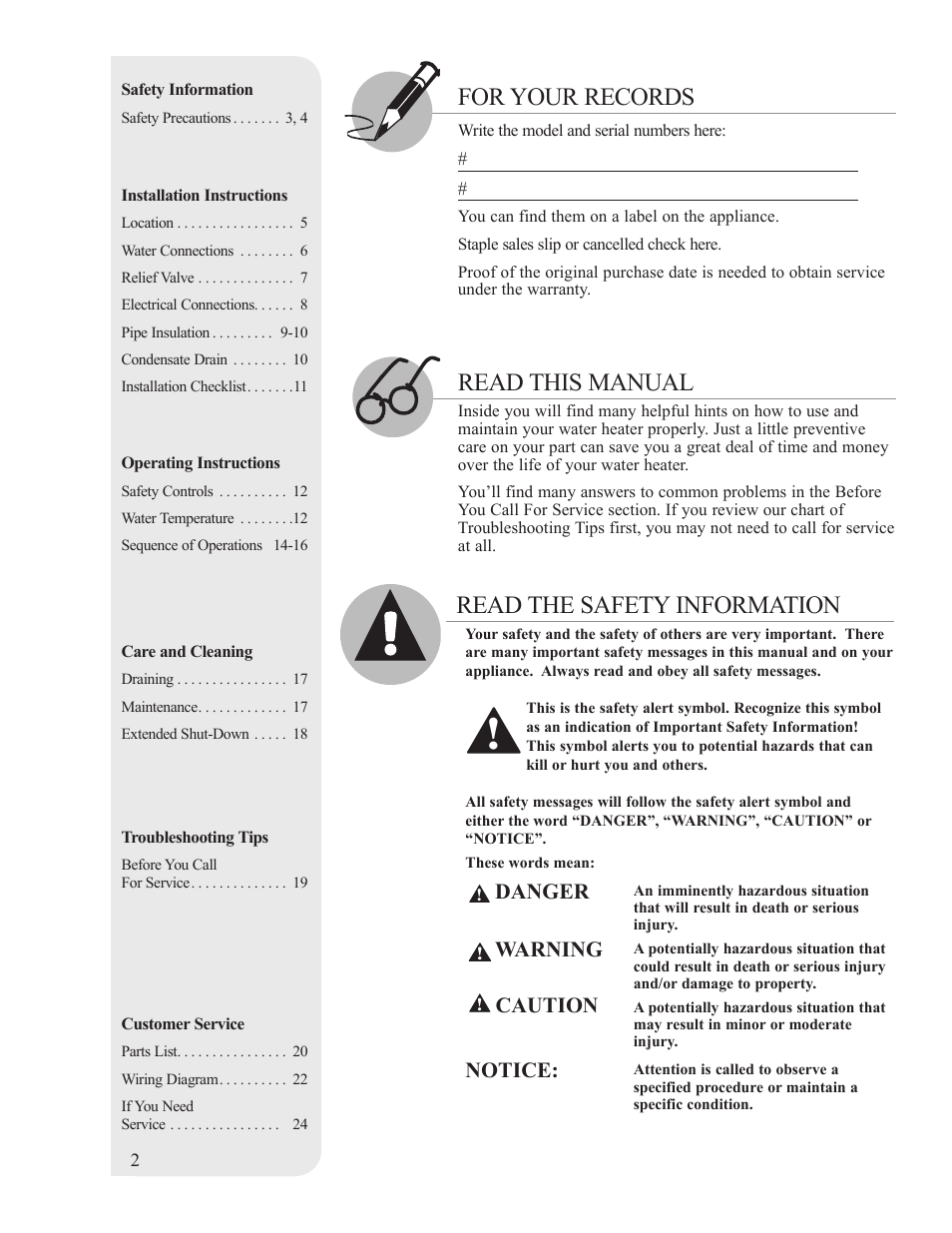 For your records, Read this manual, Read the safety information | Danger, Warning, Caution, Notice | Rheem AP15121-1 User Manual | Page 2 / 20