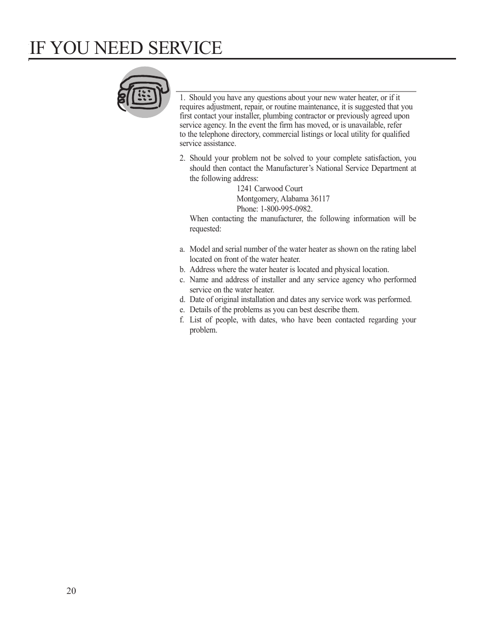 If you need service, Head | Rheem AP15121-1 User Manual | Page 20 / 20