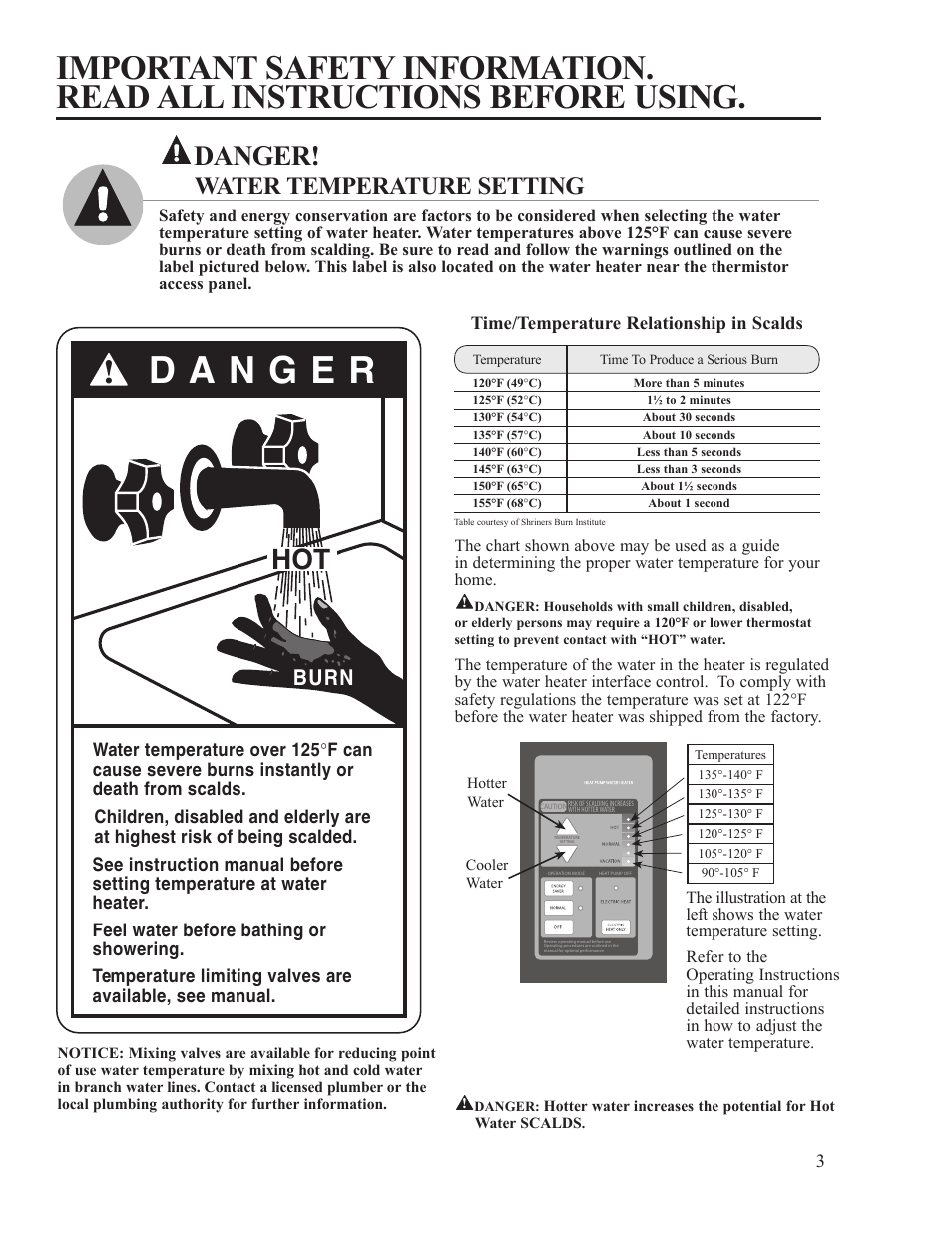 Danger, Water temperature setting, Burn | Rheem AP15121-1 User Manual | Page 3 / 20