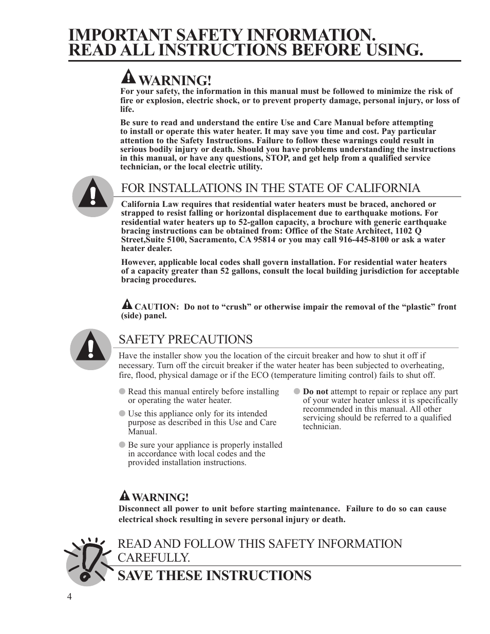 Warning, Save these instructions, For installations in the state of california | Read and follow this safety information carefully, Safety precautions | Rheem AP15121-1 User Manual | Page 4 / 20