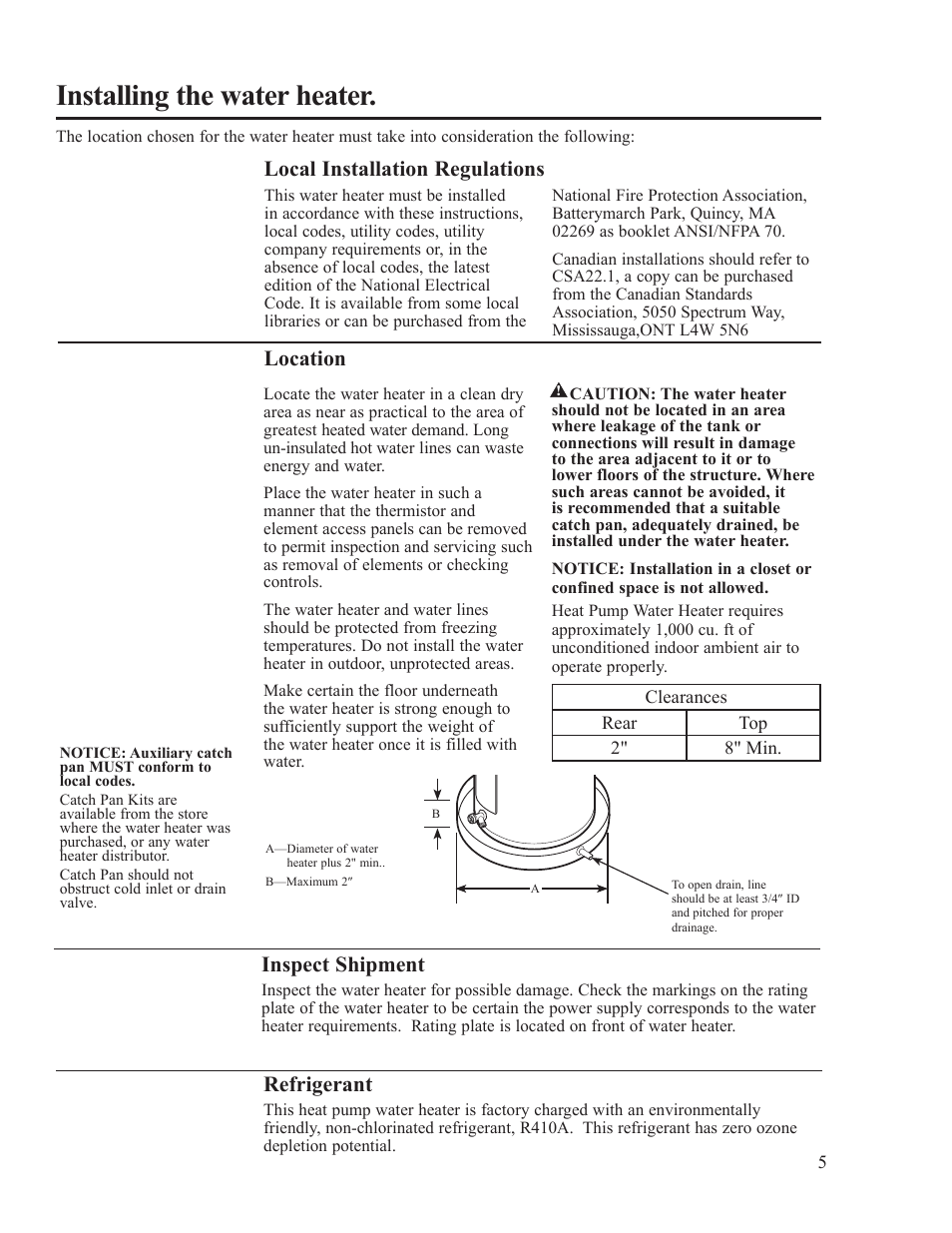 Installing the water heater, Local installation regulations, Location | Refrigerant, Inspect shipment | Rheem AP15121-1 User Manual | Page 5 / 20