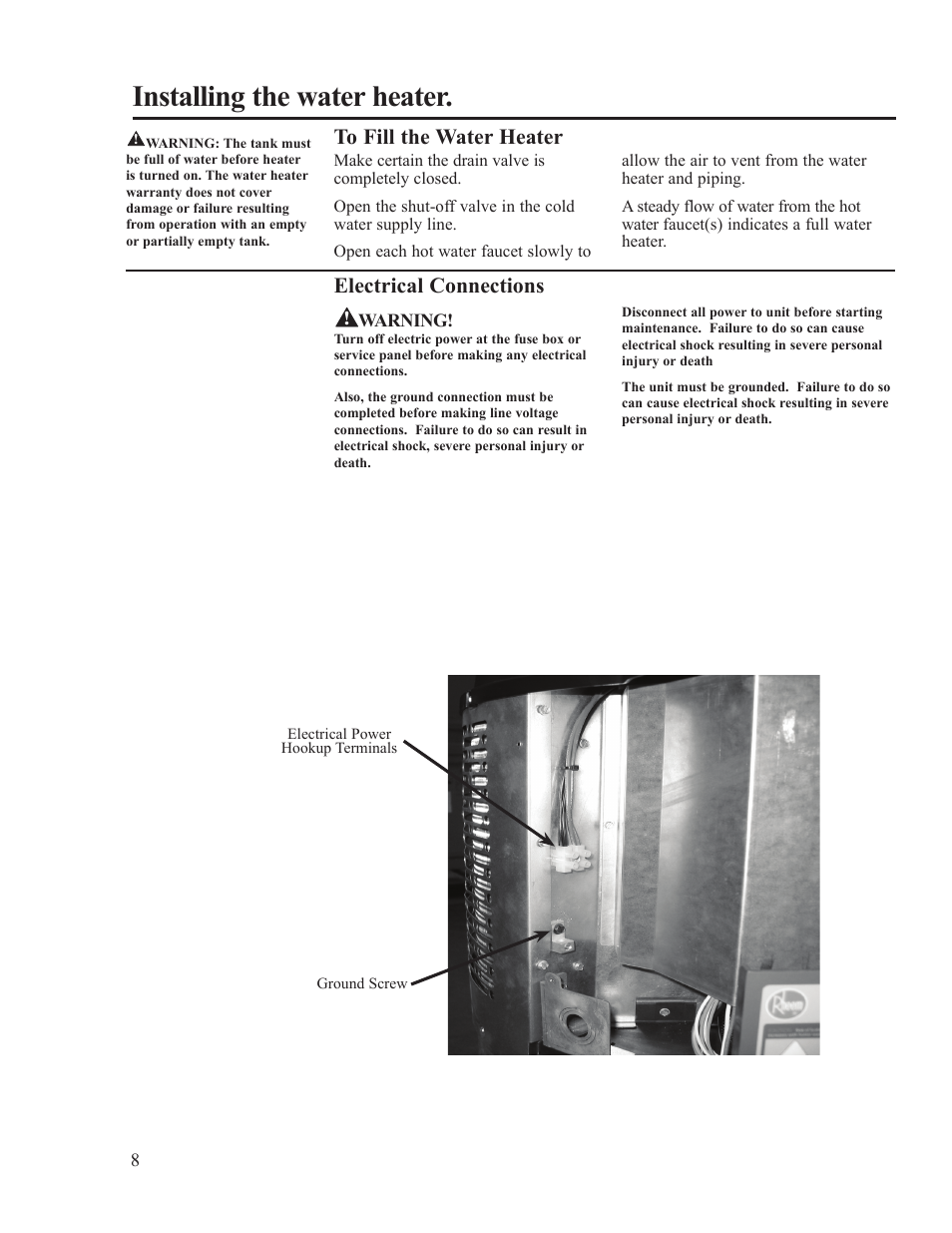 Installing the water heater, Electrical connections to fill the water heater | Rheem AP15121-1 User Manual | Page 8 / 20