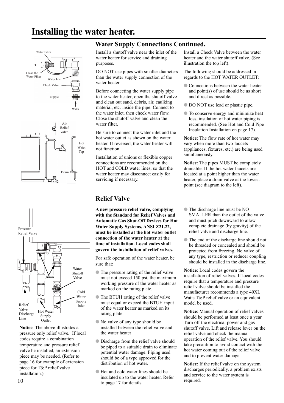 Installing the water heater, Relief valve, Water supply connections continued | Rheem 900 BTU Max input User Manual | Page 10 / 28