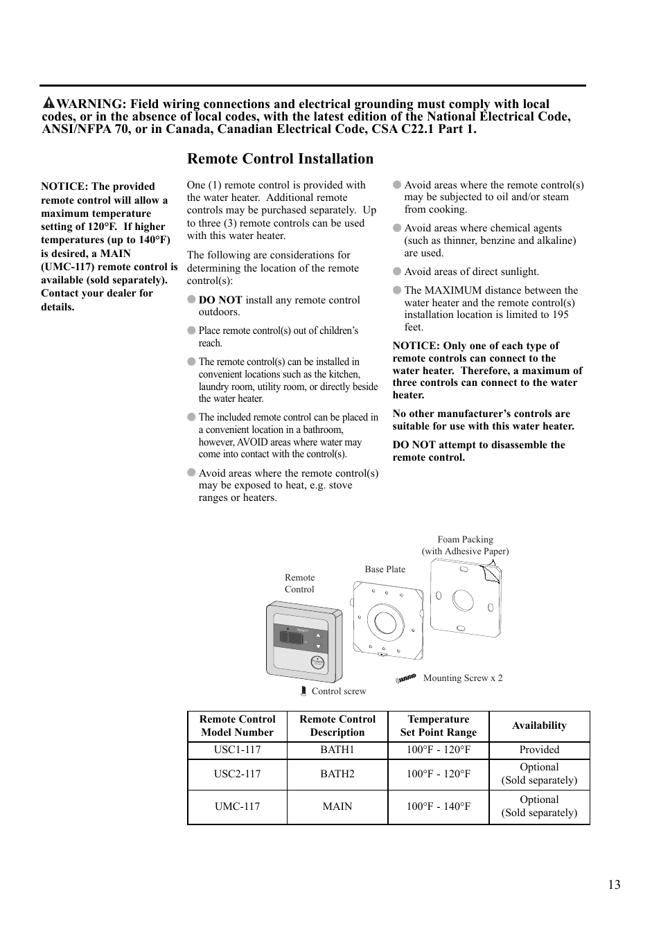 Remote control installation | Rheem 900 BTU Max input User Manual | Page 13 / 28