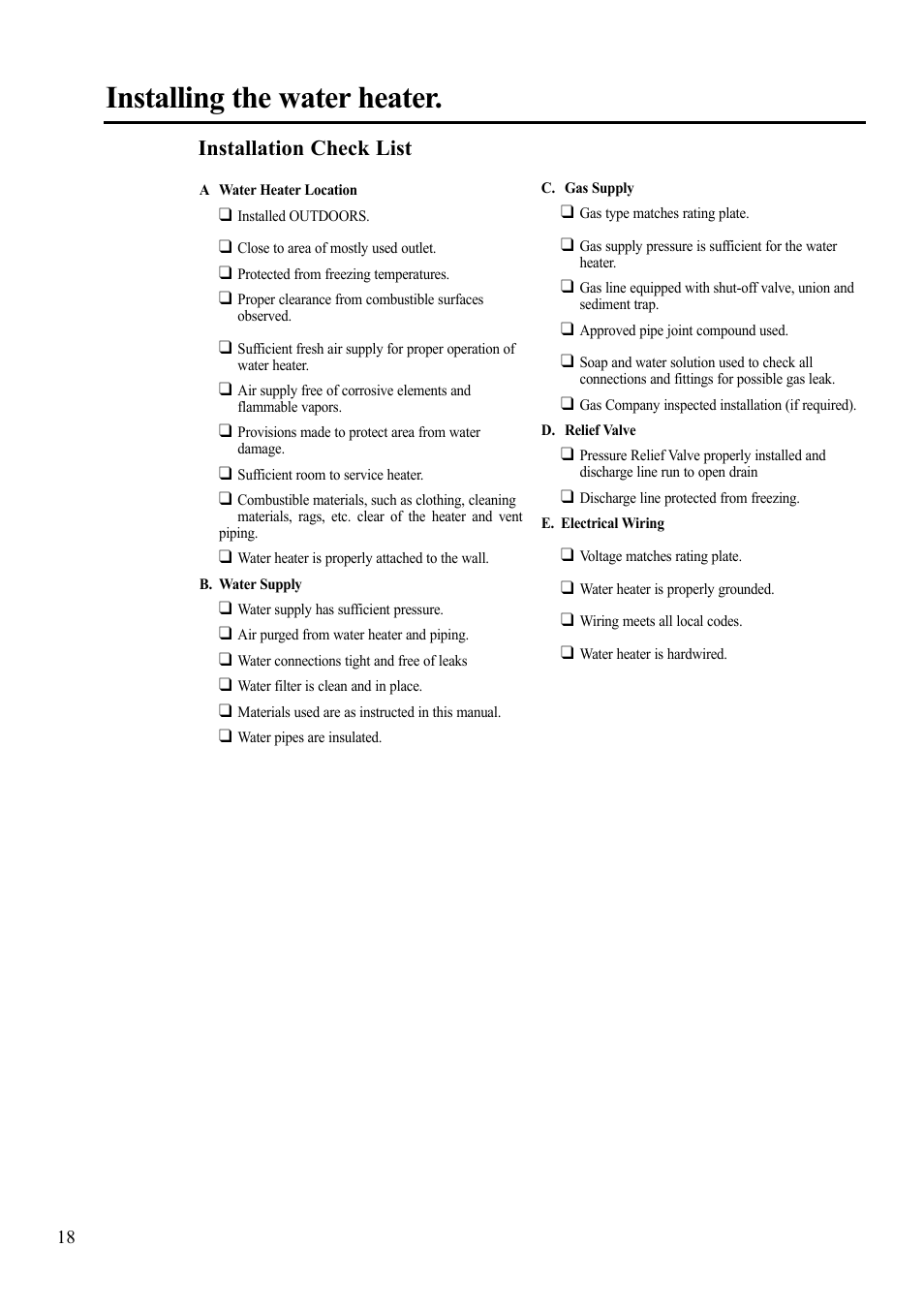 Installing the water heater, Installation check list | Rheem 900 BTU Max input User Manual | Page 18 / 28